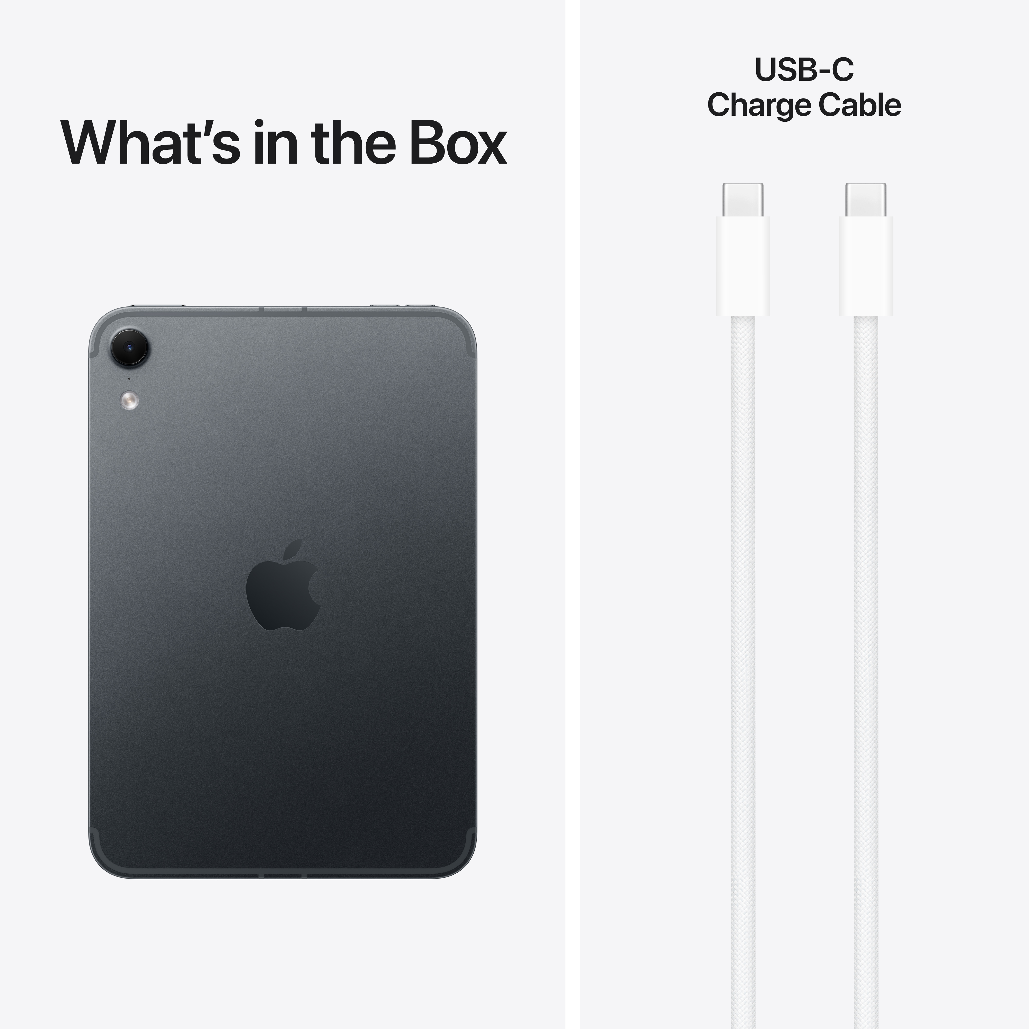 Mi van a dobozban: Egy szürke tablet és egy USB-C töltőkábel világos háttérrel.