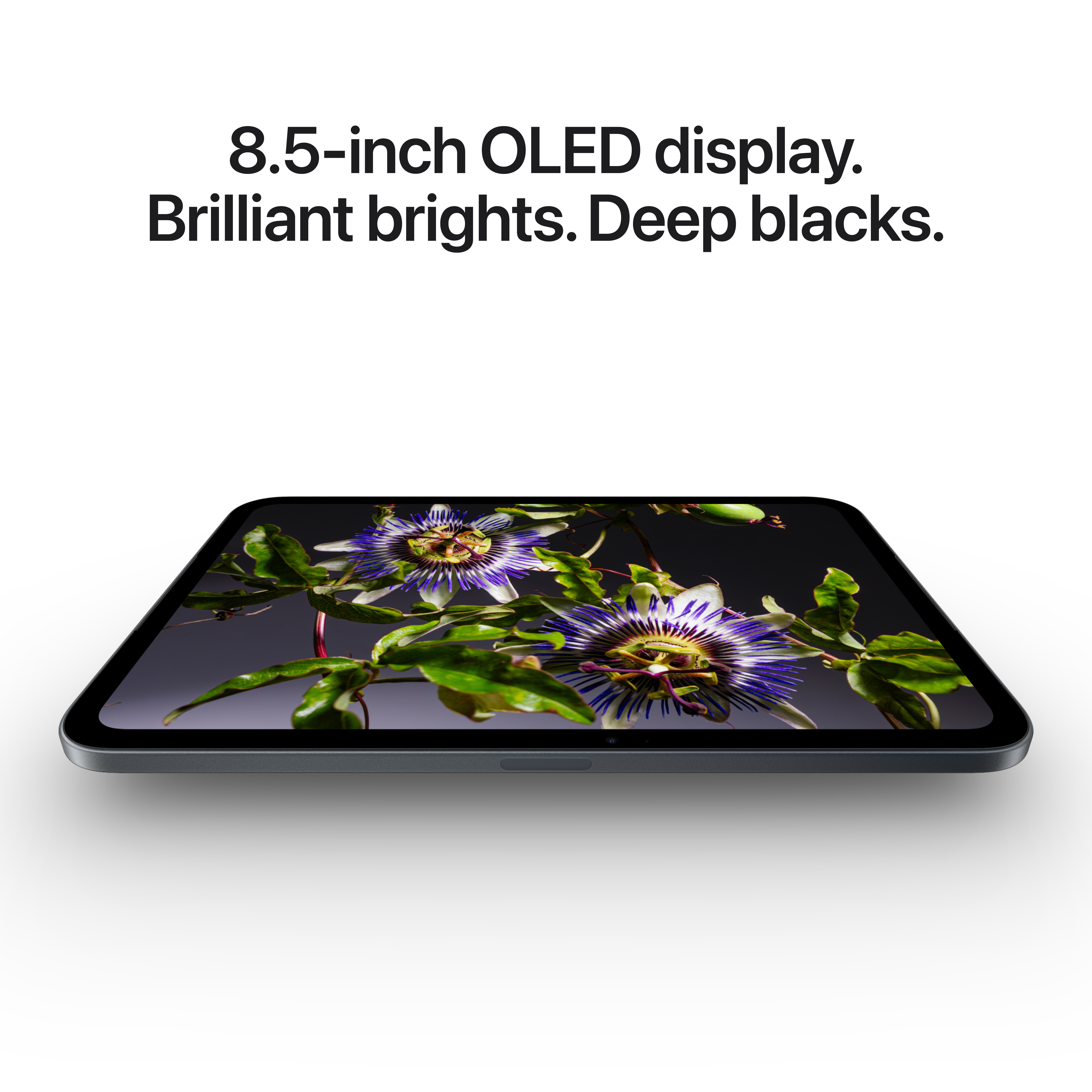 Egy 8.5 hüvelykes OLED kijelzős táblagép lila golgotavirágokat mutat.