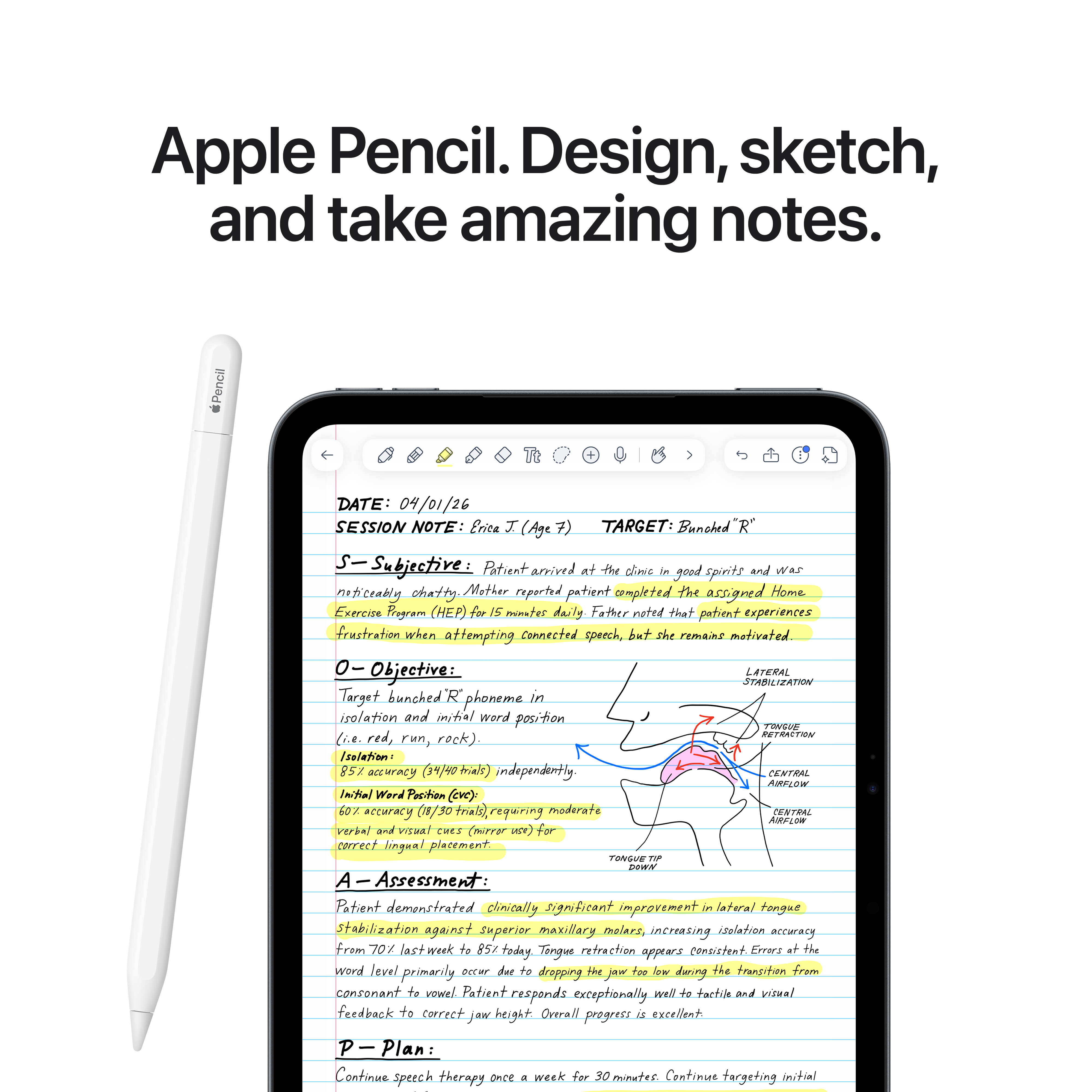 Egy Apple Pencil és egy iPad kézírásos jegyzetekkel és anatómiai ábrával.