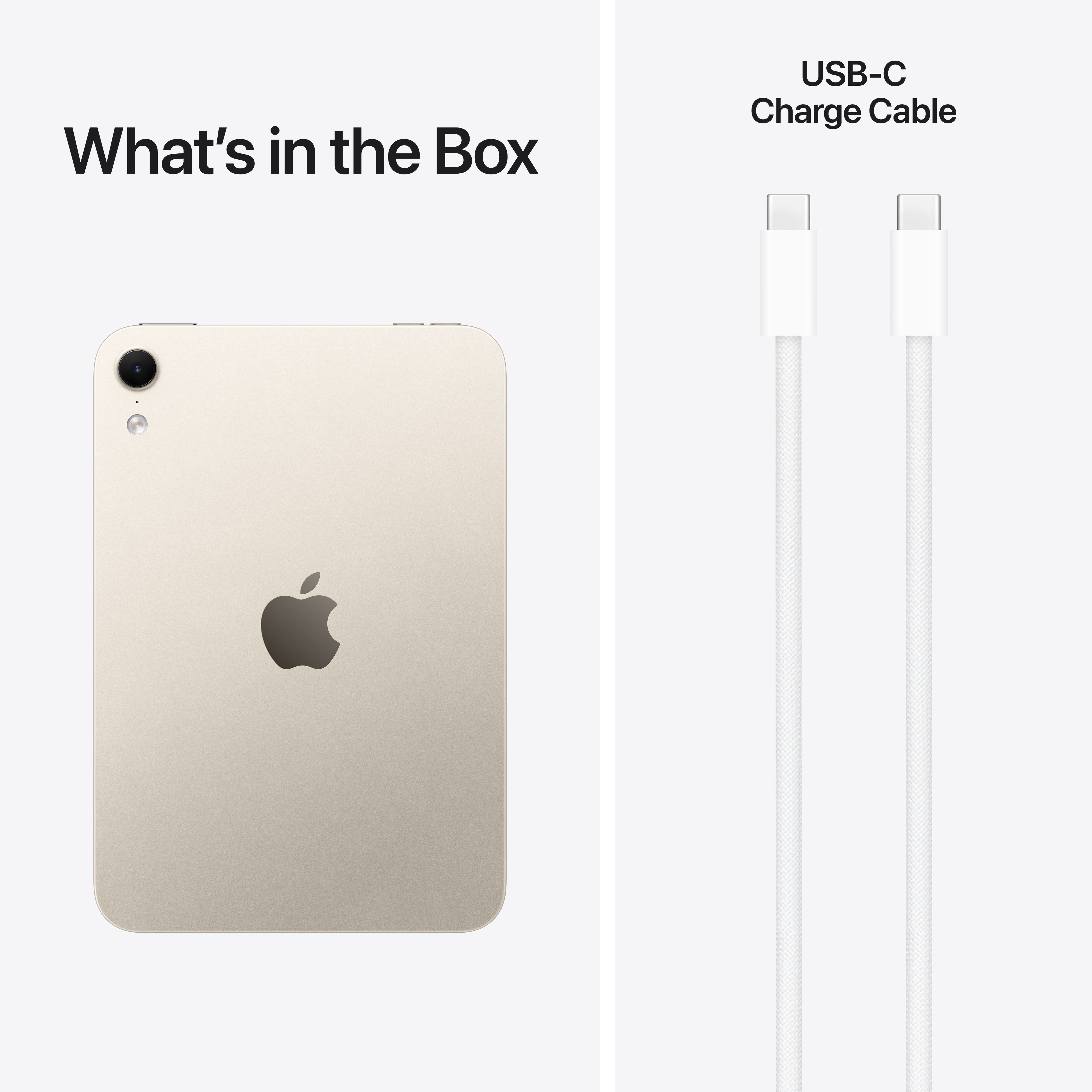 Mi van a dobozban: Egy arany színű táblagép és egy fehér USB-C töltőkábel.