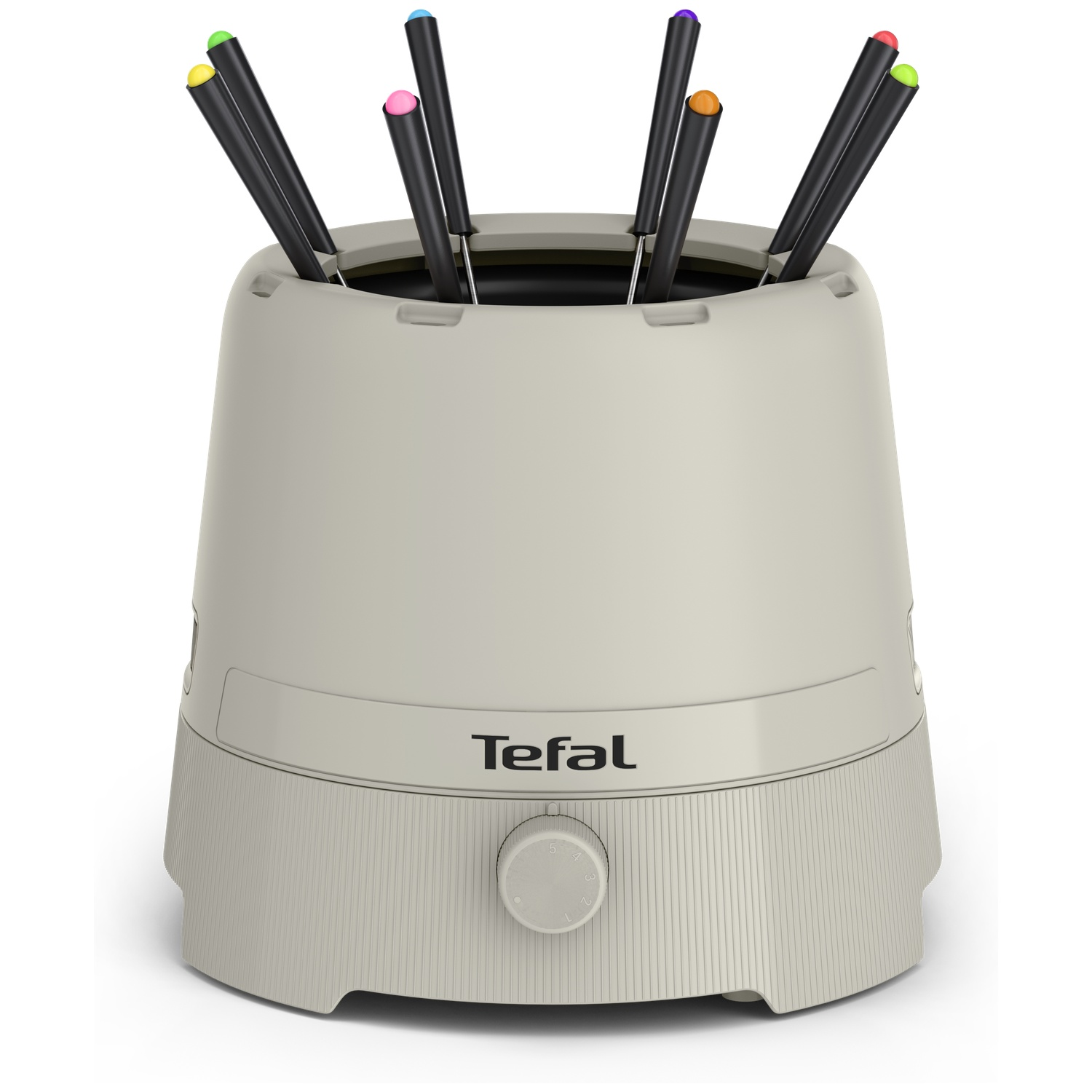 Een beige Tefal fonduepan met zwarte vorken en gekleurde uiteinden op witte achtergrond.
