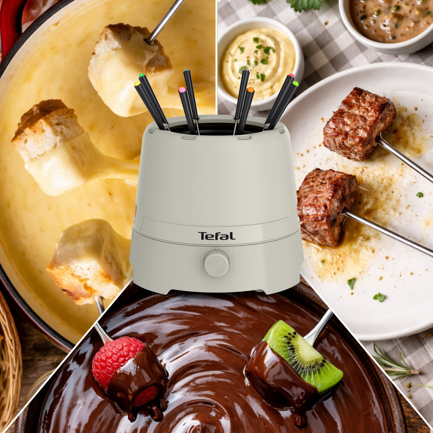 Een beige Tefal fonduegel in het midden, omringd door kaasfondue, vlees en met chocolade bedekt fruit.