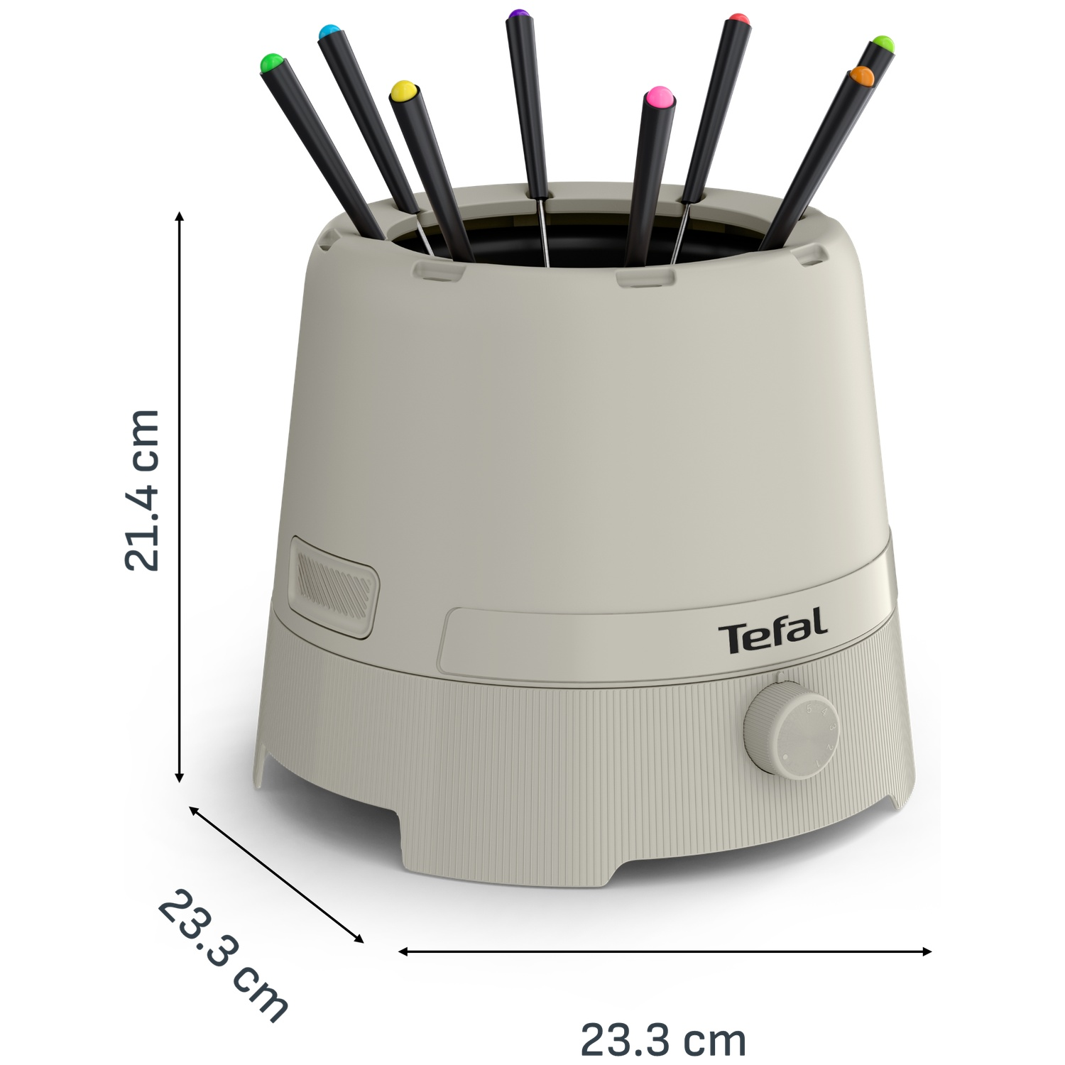Beige Tefal fondueset met gekleurde vorken, bedieningsknop en afmetingen van 21,4 cm hoog en 23,3 cm breed.