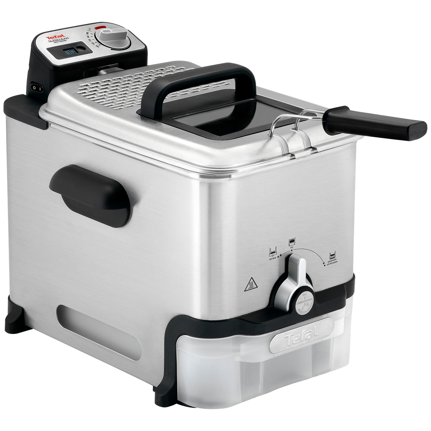 Une friteuse Tefal argentée avec une poignée noire, un écran numérique et un bac à huile en bas.