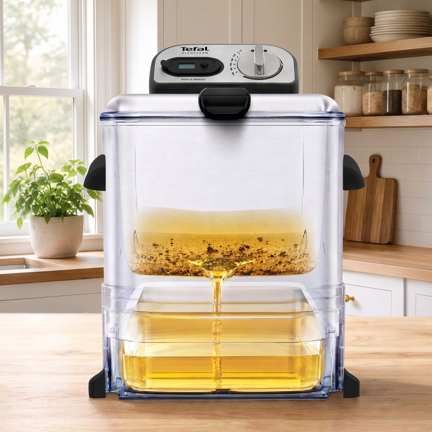 Une friteuse Tefal sur un plan de travail en bois filtre l'huile de friture usagée dans un récipient transparent.