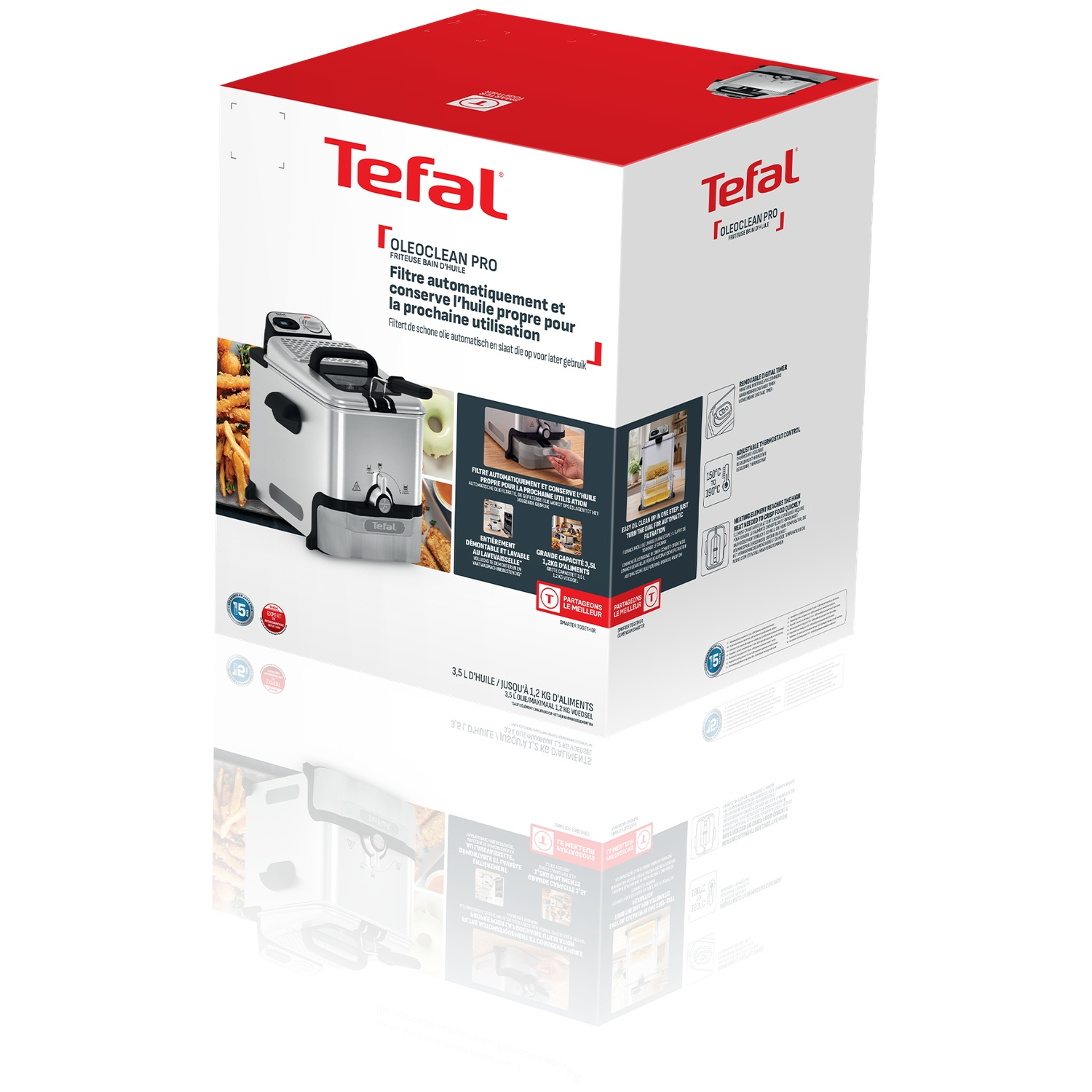 Boîte d'emballage de la friteuse Tefal Oleoclean Pro avec images et descriptions.
