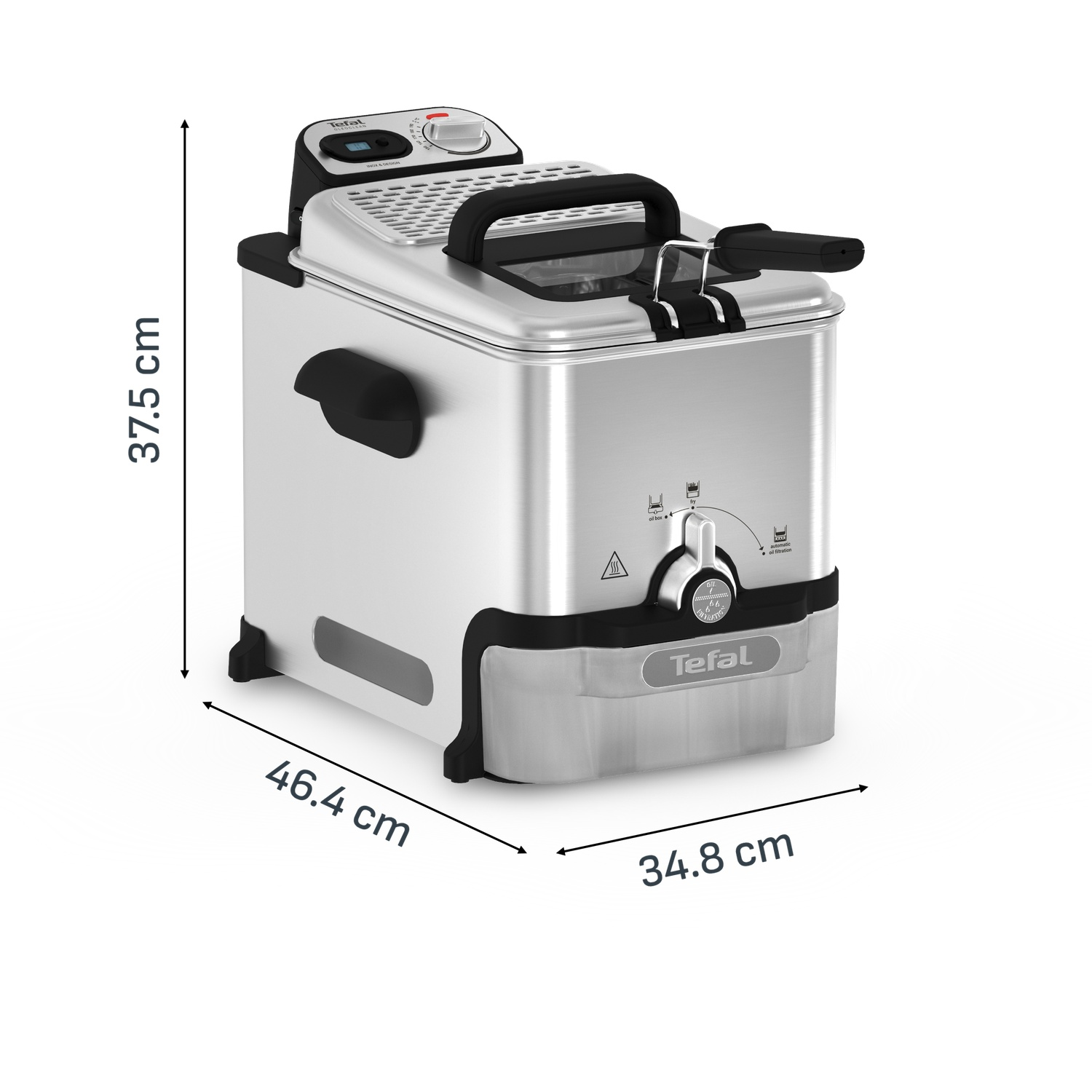 Friteuse Tefal argentée avec des dimensions de 37,5 cm de hauteur, 46,4 cm de longueur et 34,8 cm de largeur sur fond blanc.