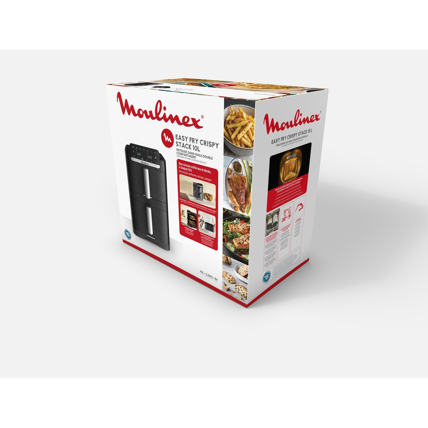 Boîte du produit Moulinex Easy Fry Crisp Stack 10L avec photos de friteuse et de plats.