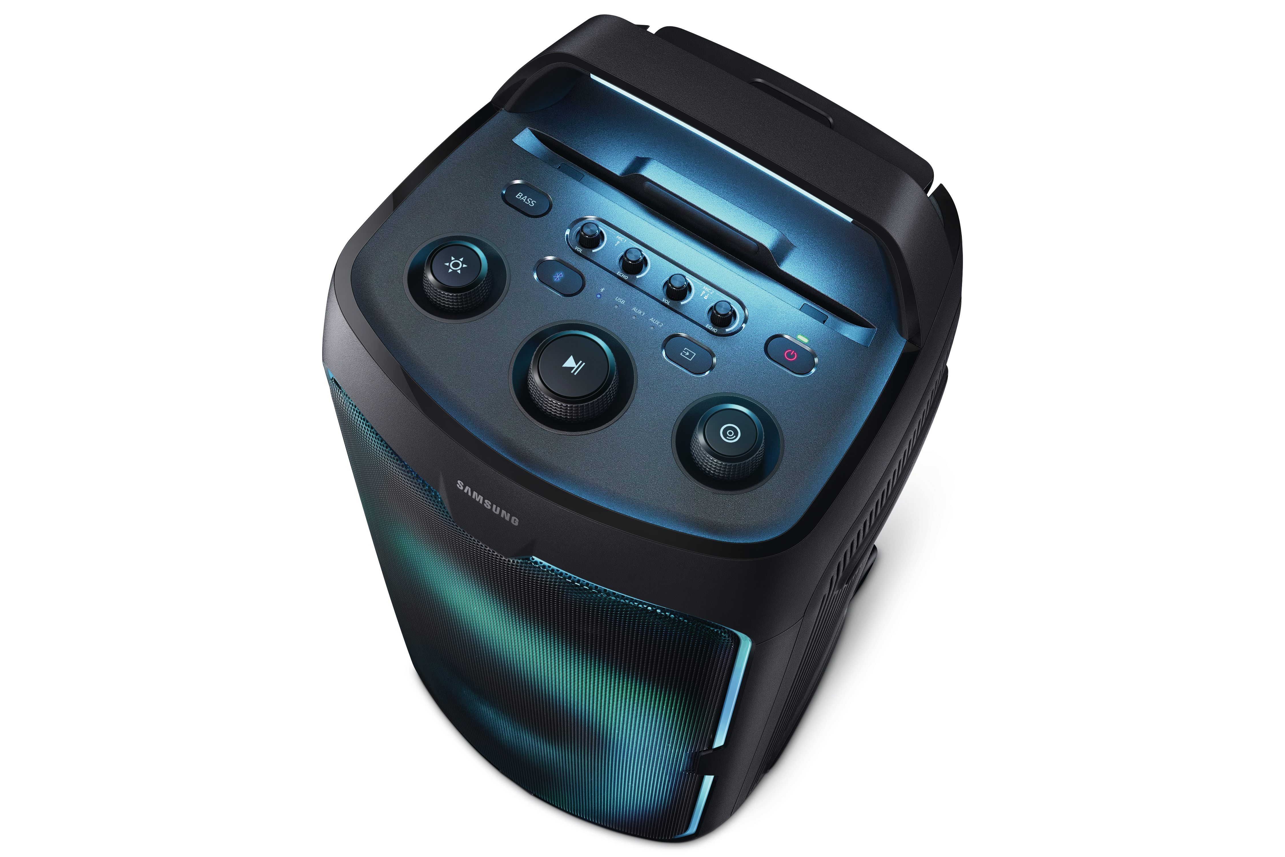 Schwarzer Samsung-Party-Lautsprecher von oben mit blauer Beleuchtung und Bedienfeldern.