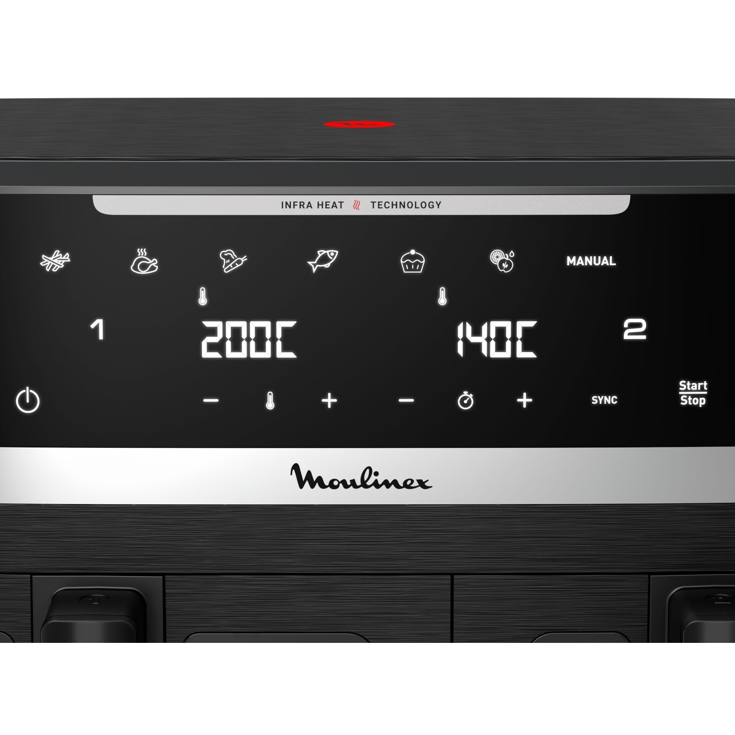 Panneau tactile de friteuse sans huile Moulinex avec deux zones de cuisson et affichages.