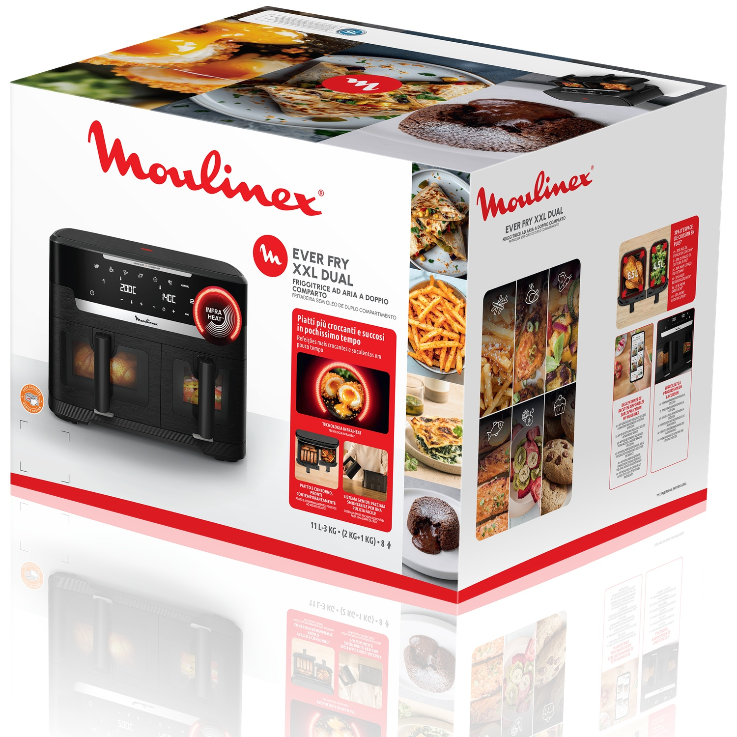 Emballage de la friteuse sans huile Moulinex Ever Fry XXL Dual avec images de produits et plats.