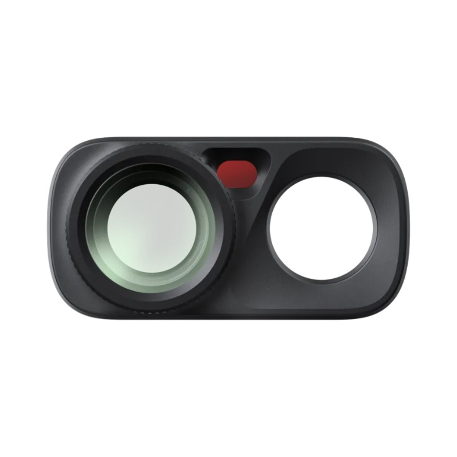 Copertura per fotocamera nera con una lente grande, un'apertura e un punto rosso.