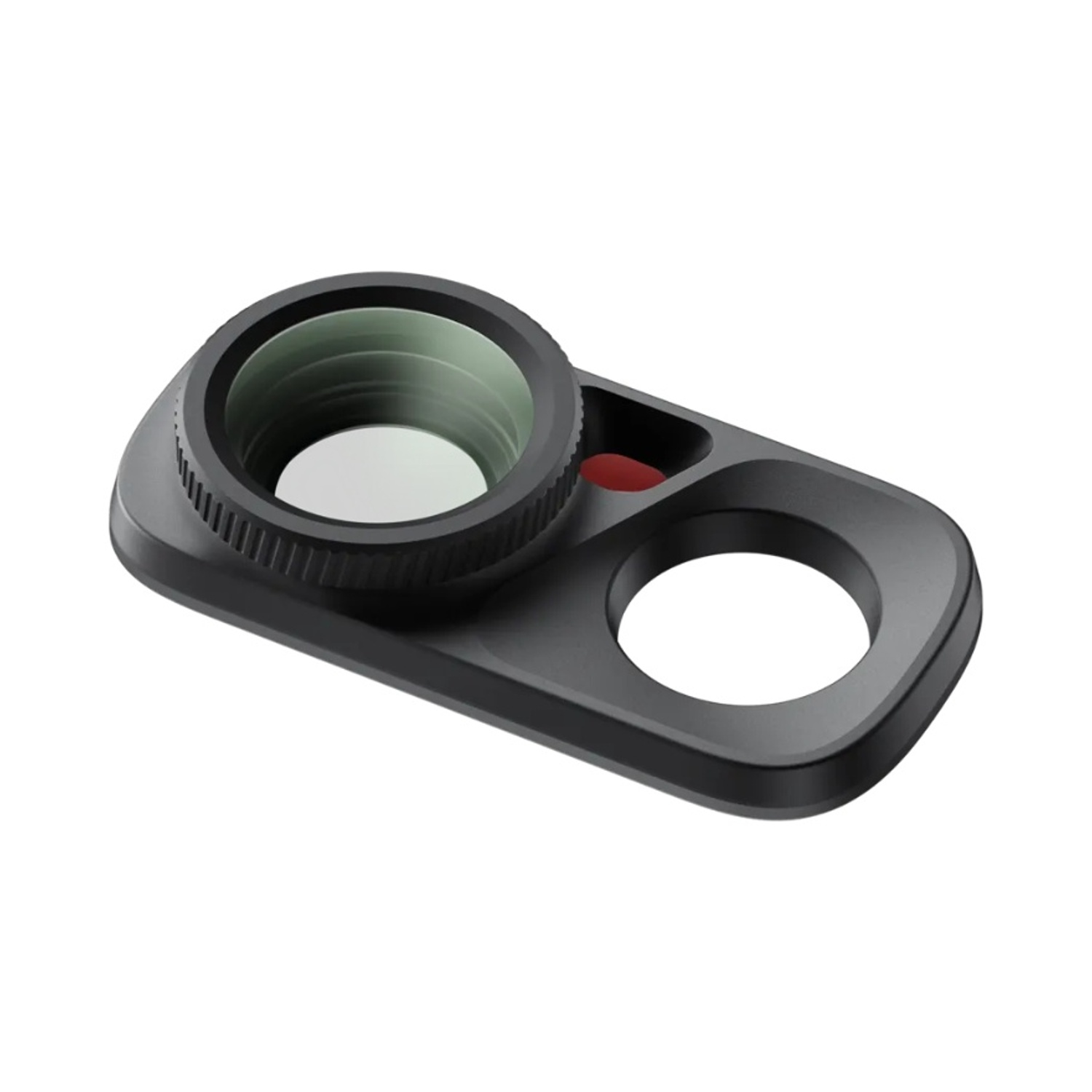 Copertura nera per fotocamera con obiettivo integrato e apertura circolare su sfondo bianco.