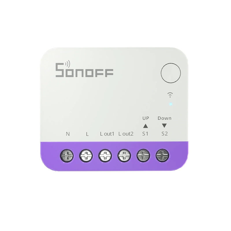 Un dispositivo inteligente Sonoff blanco con una sección inferior morada y seis terminales de tornillo.