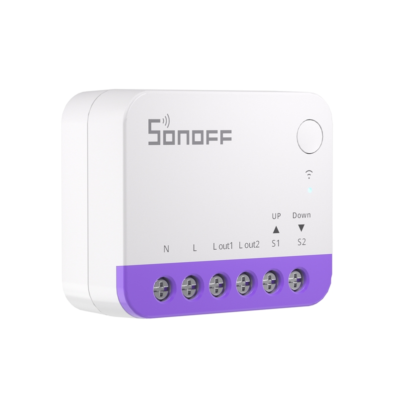 Relé inteligente Sonoff blanco con sección de terminales morada y seis bornes.