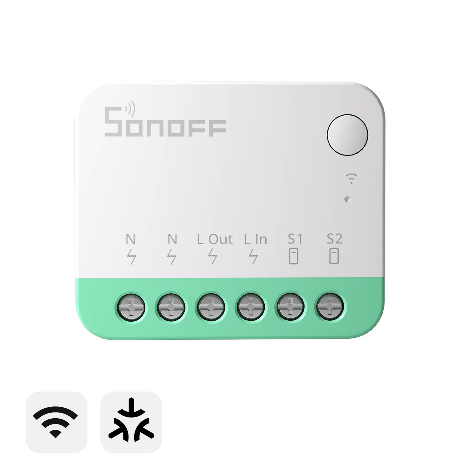 Un interruptor inteligente Sonoff blanco y turquesa con seis terminales de tornillo y icono WiFi.