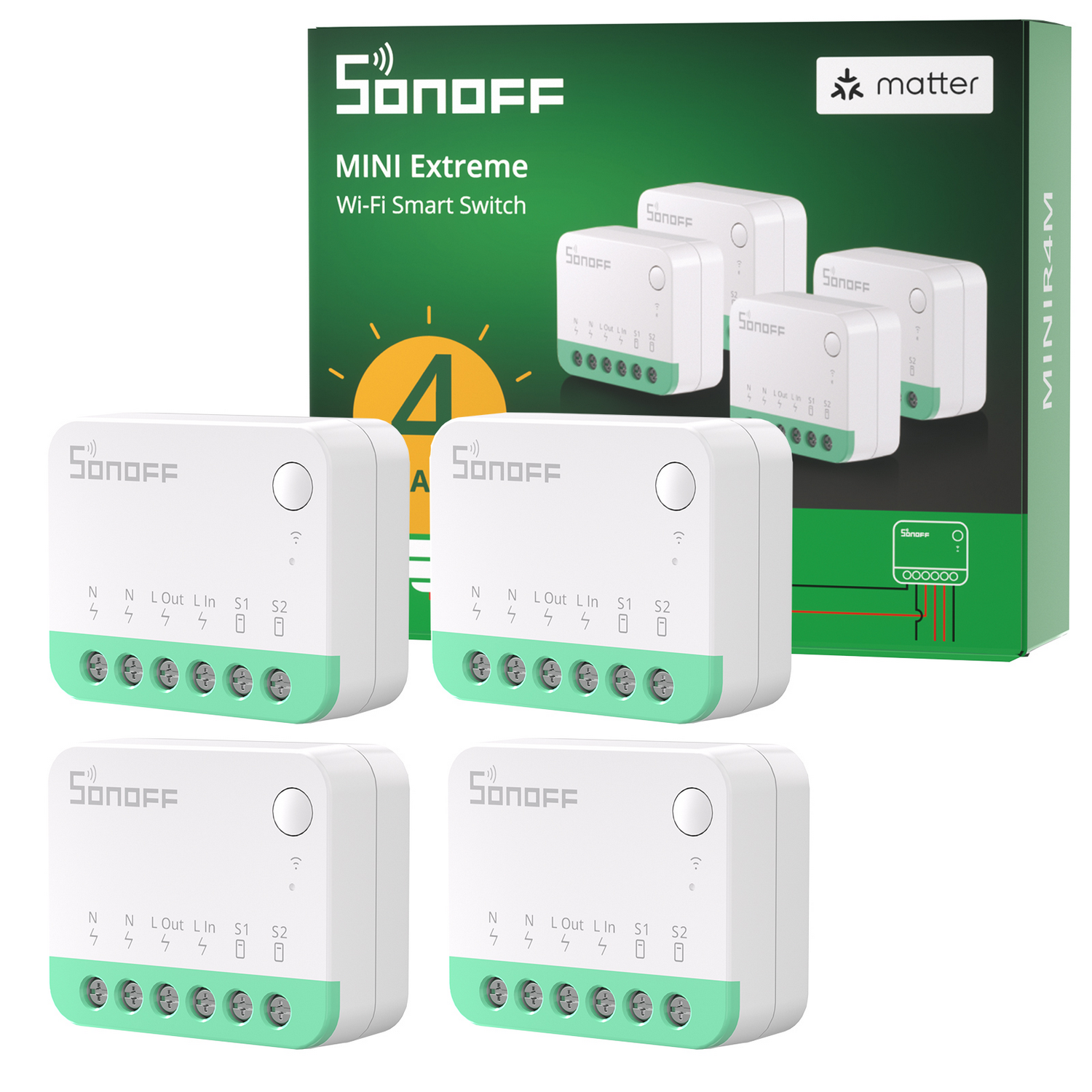Cuatro interruptores inteligentes Wi-Fi Sonoff Mini Extreme blancos frente a una caja verde.