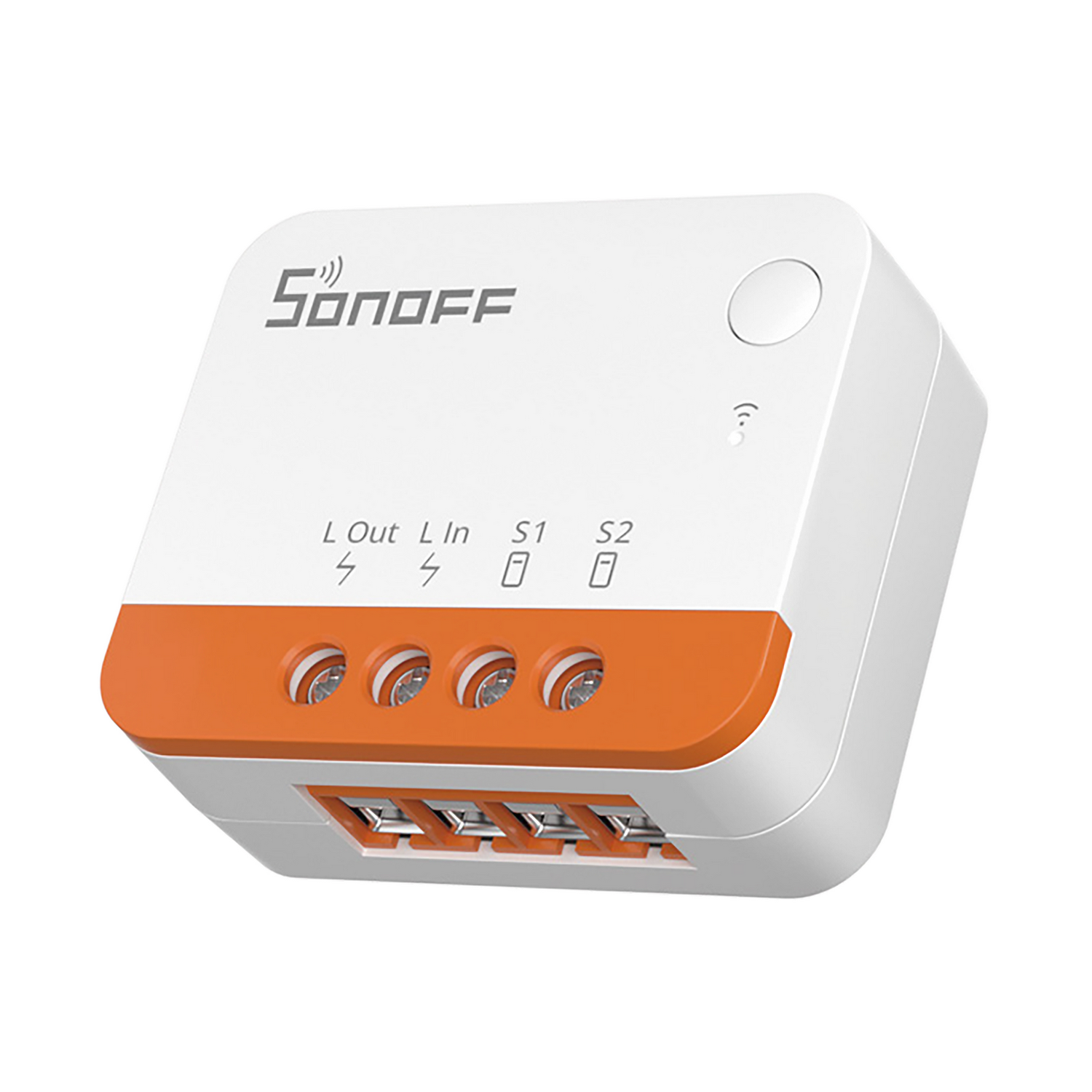 Un interruptor inteligente Sonoff blanco y naranja con terminales de tornillo y marca en la parte superior.