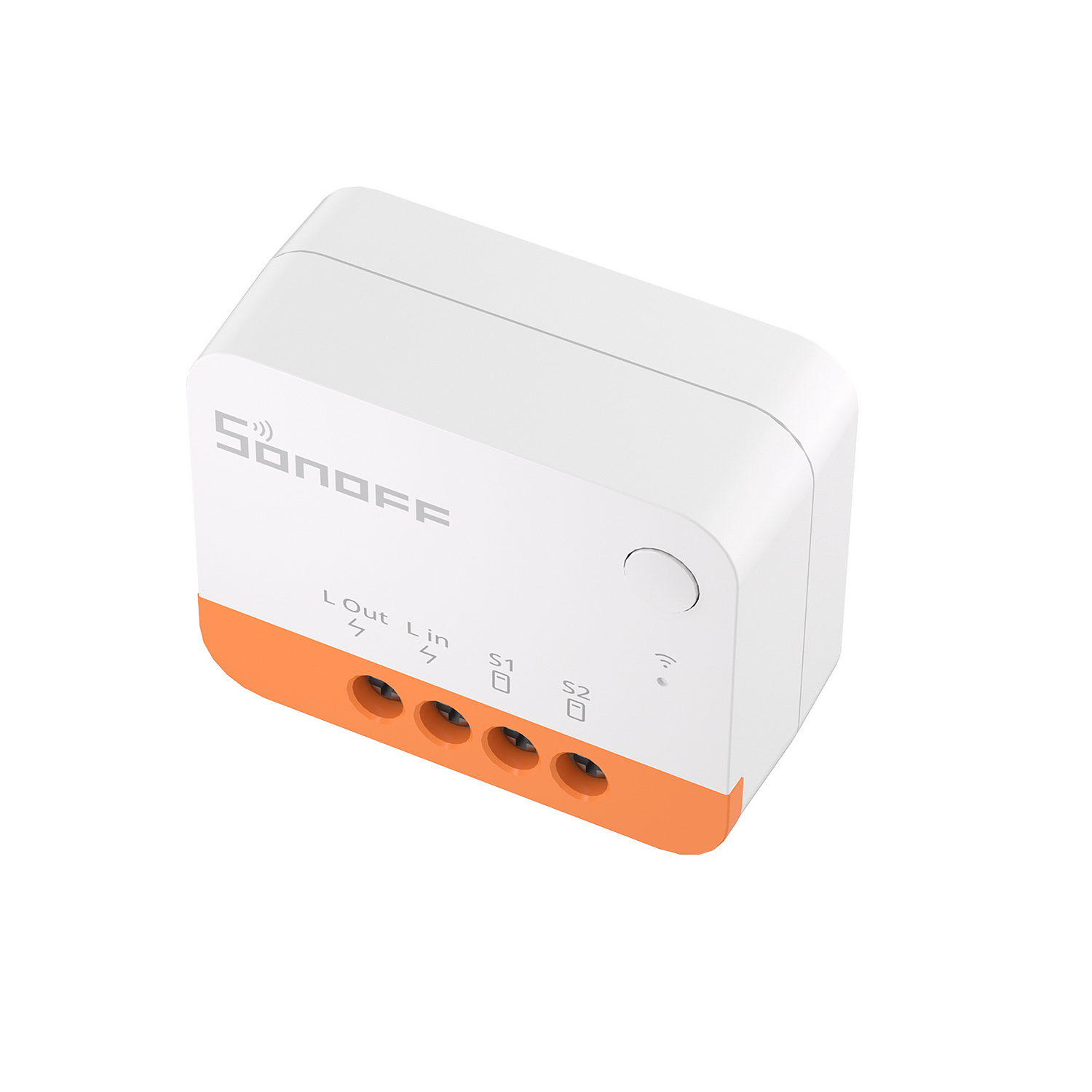 Relé inteligente Sonoff blanco con base naranja y cuatro terminales de tornillo.