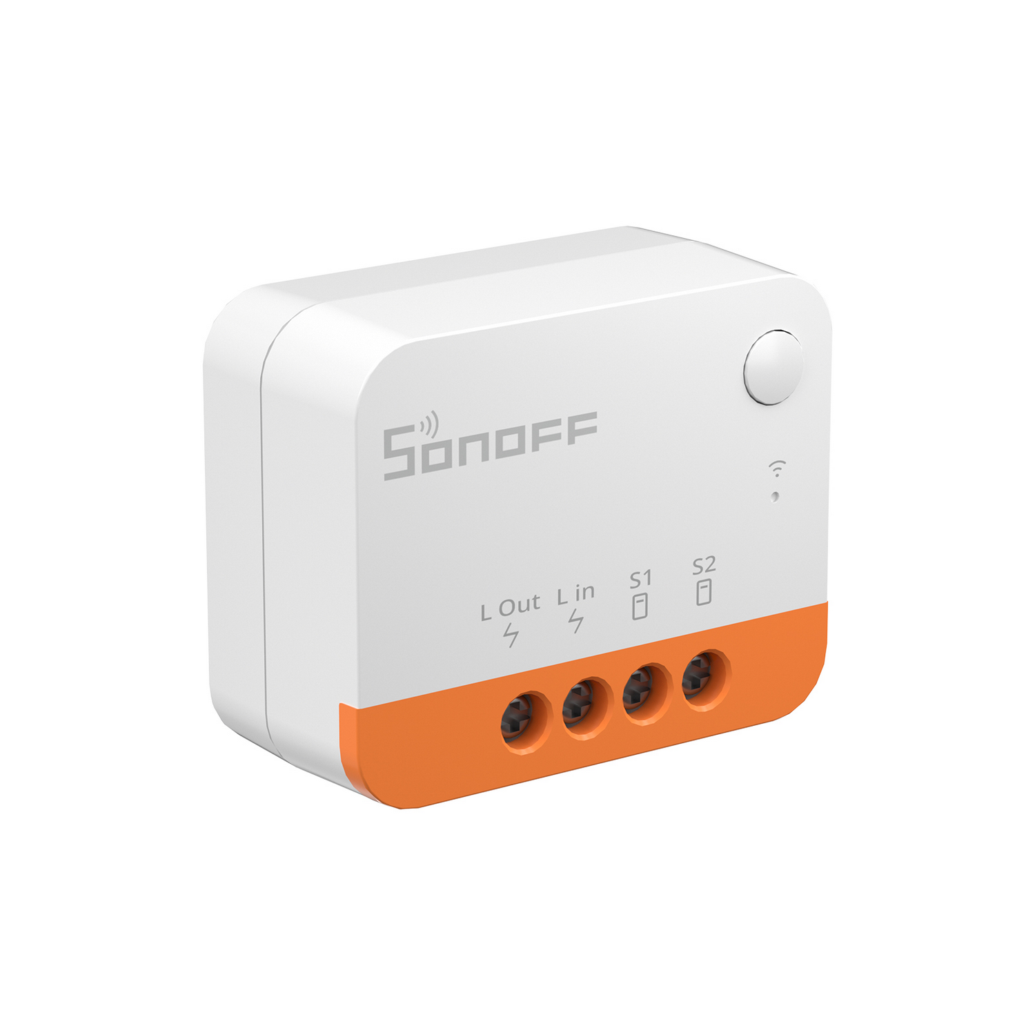 Un relé inteligente Sonoff blanco con base naranja y cuatro terminales de tornillo sobre fondo blanco.