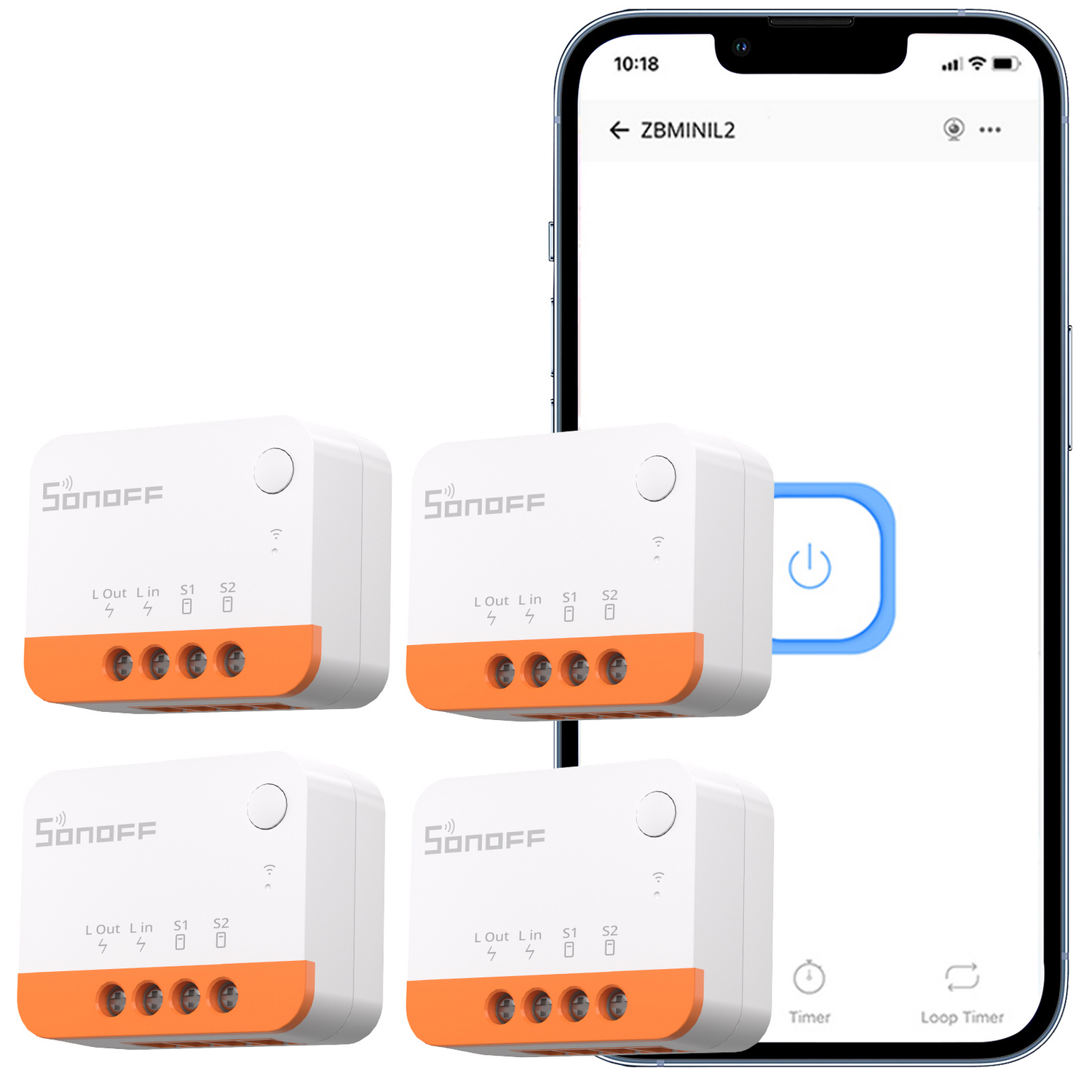 Cuatro interruptores inteligentes Sonoff blancos con bases naranjas frente a un teléfono con aplicación.