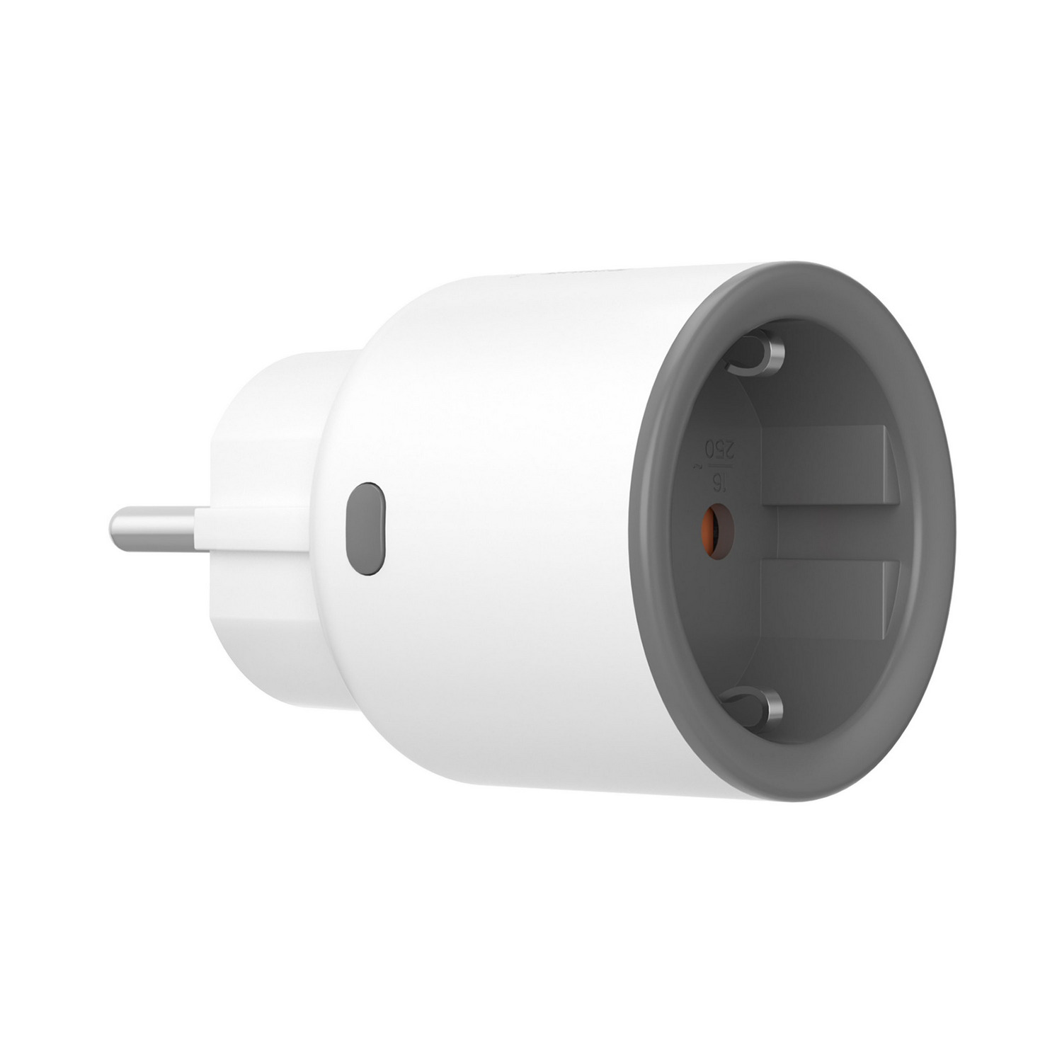 Adaptador de enchufe inteligente blanco y gris con clavija de tierra sobre fondo blanco.