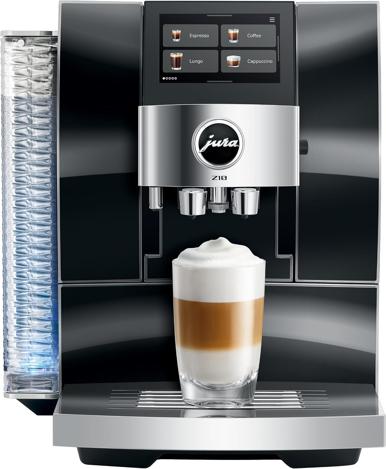 Cafetera automática Jura Z10 moderna con pantalla táctil y vaso de latte macchiato.