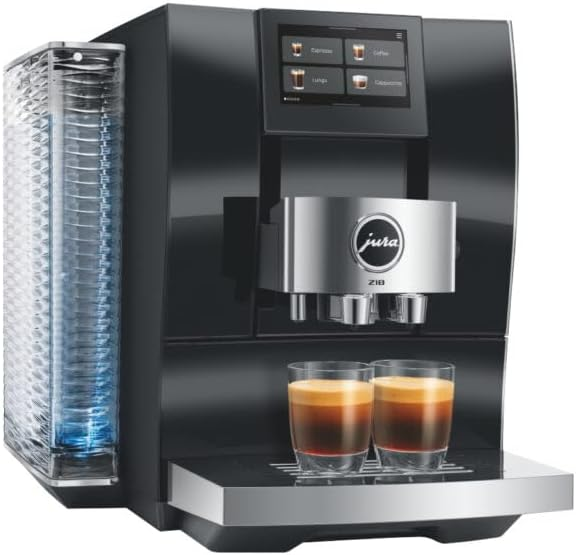 Cafetera negra Jura Z10 con depósito de agua, pantalla táctil y dos tazas de espresso en la bandeja.