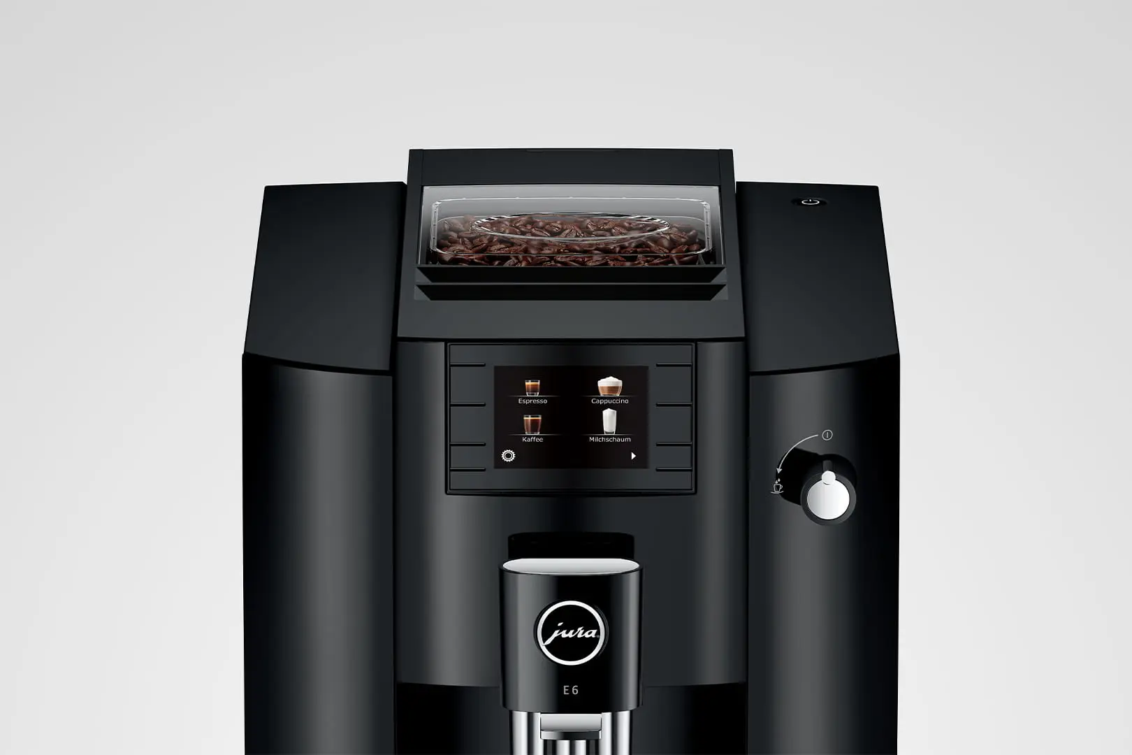 Cafetera negra Jura E6 con tolva de granos superior y pantalla digital.