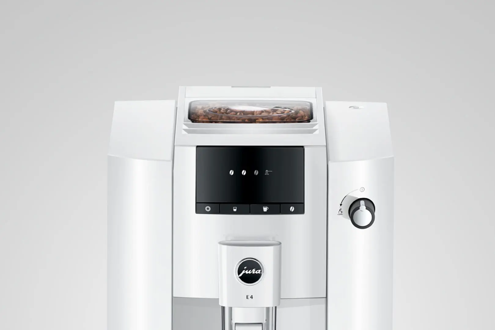 Una cafetera blanca Jura E4 con tolva de granos y panel de control sobre fondo claro.