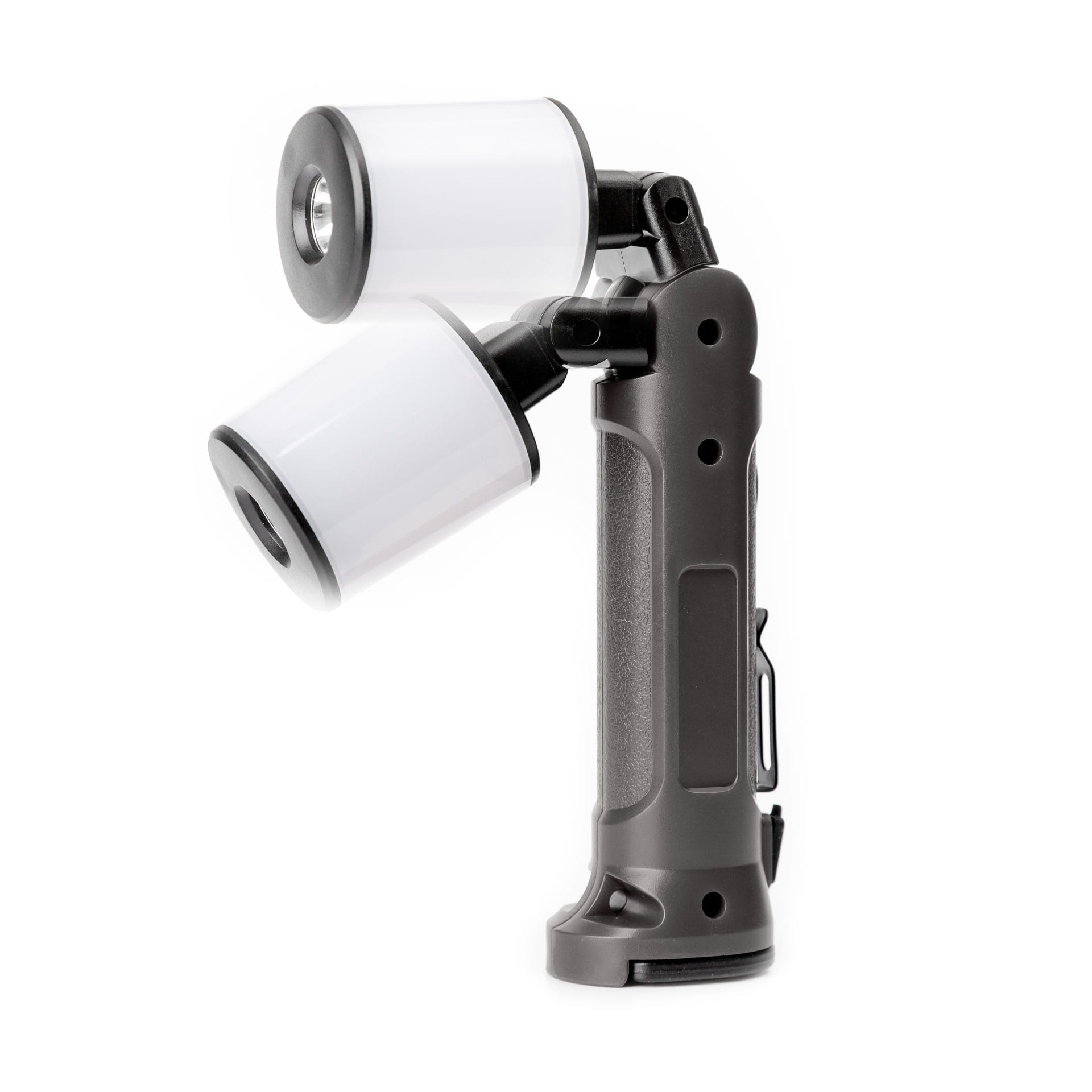 Schwarze, verstellbare LED-Handlampe mit weißem Zylinder und hellem Hintergrund.