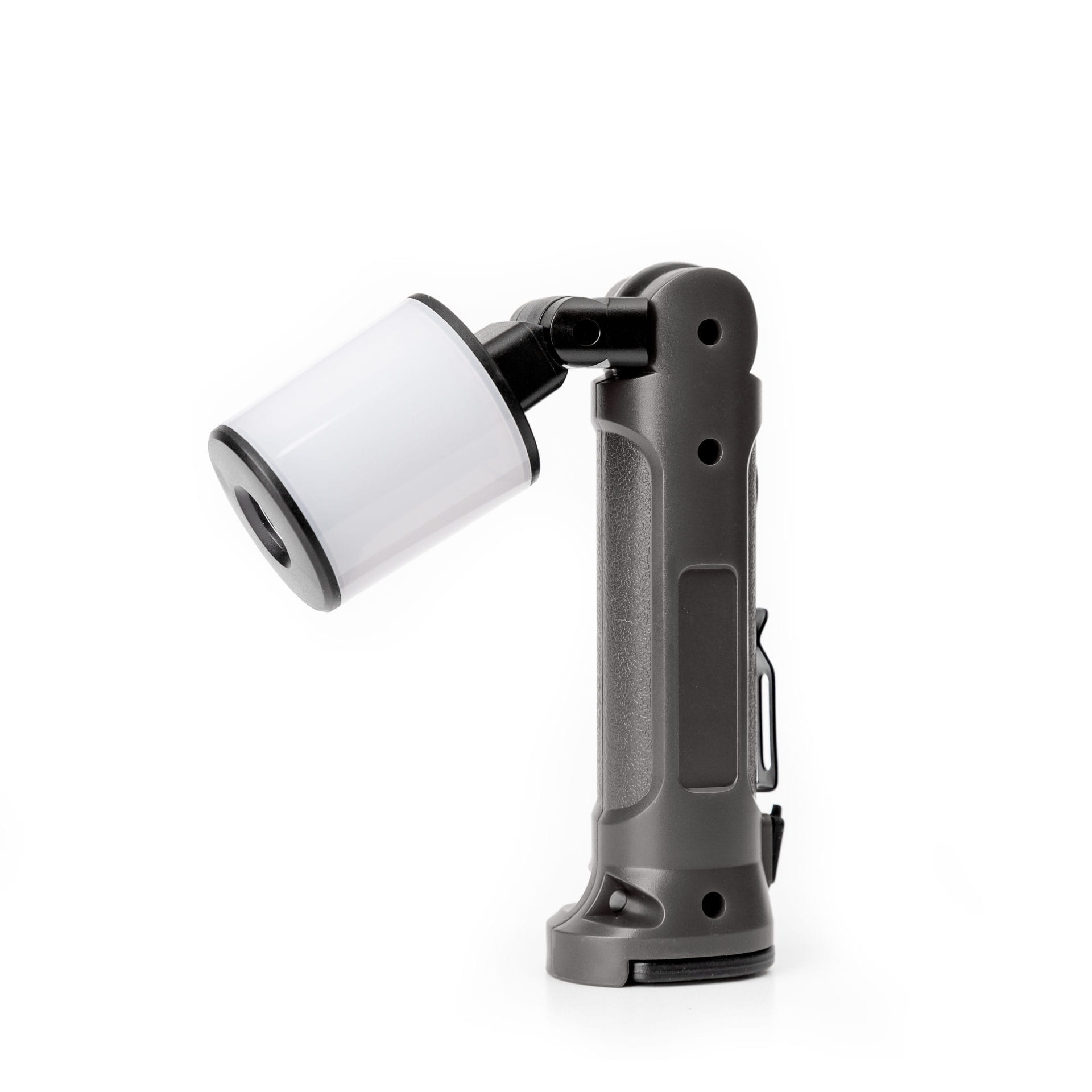 Eine graue Handlampe mit verstellbarem, zylindrischem Kopf und weißem Lichtelement auf weißem Hintergrund.