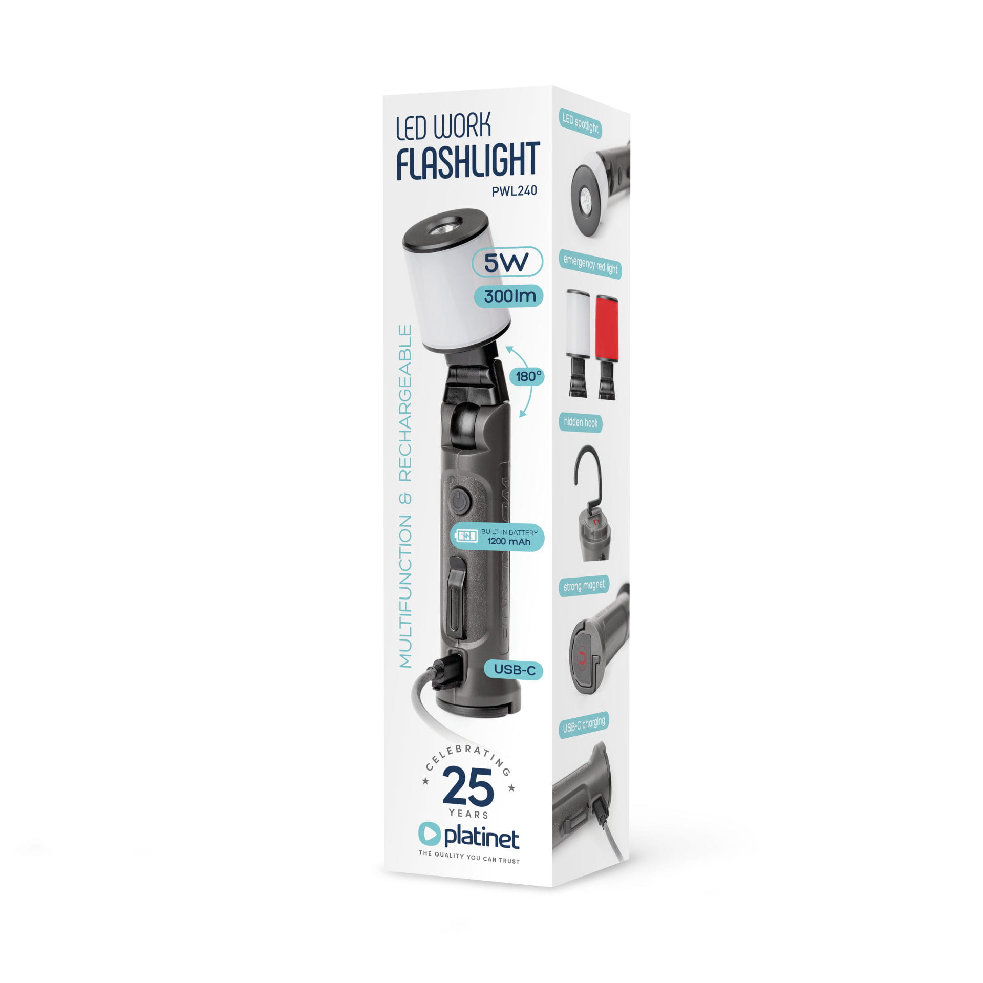 Verpackung einer wiederaufladbaren LED-Arbeitslampe mit Merkmalen wie USB-C und 300 Lumen.