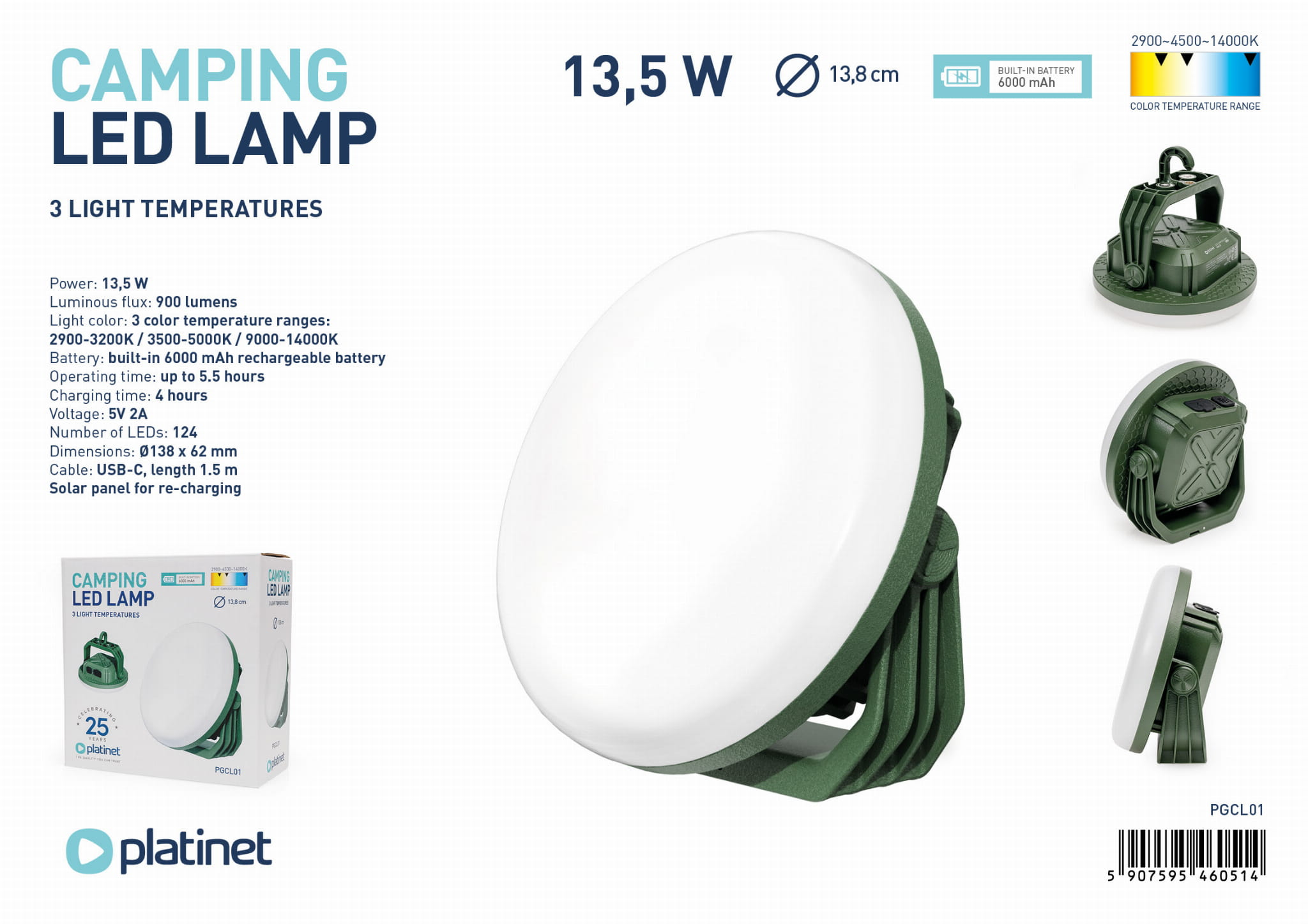 Grüne Camping-LED-Lampe mit technischen Spezifikationen und Produktverpackung auf weißem Hintergrund.