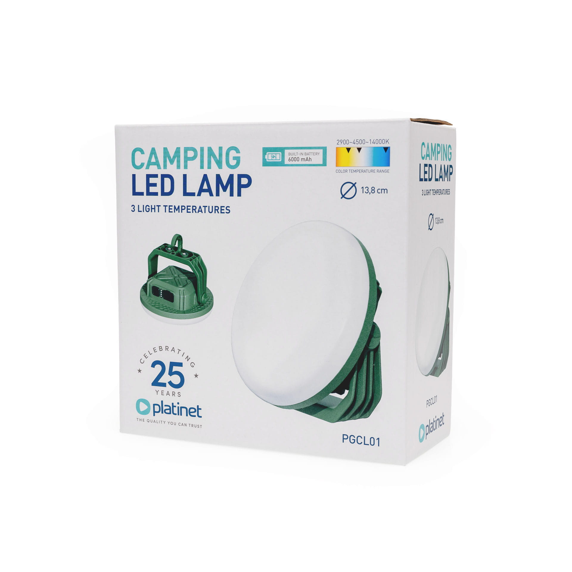 Weiße Verpackung einer grünen Camping-LED-Lampe mit technischen Details und 25-Jahre-Logo.