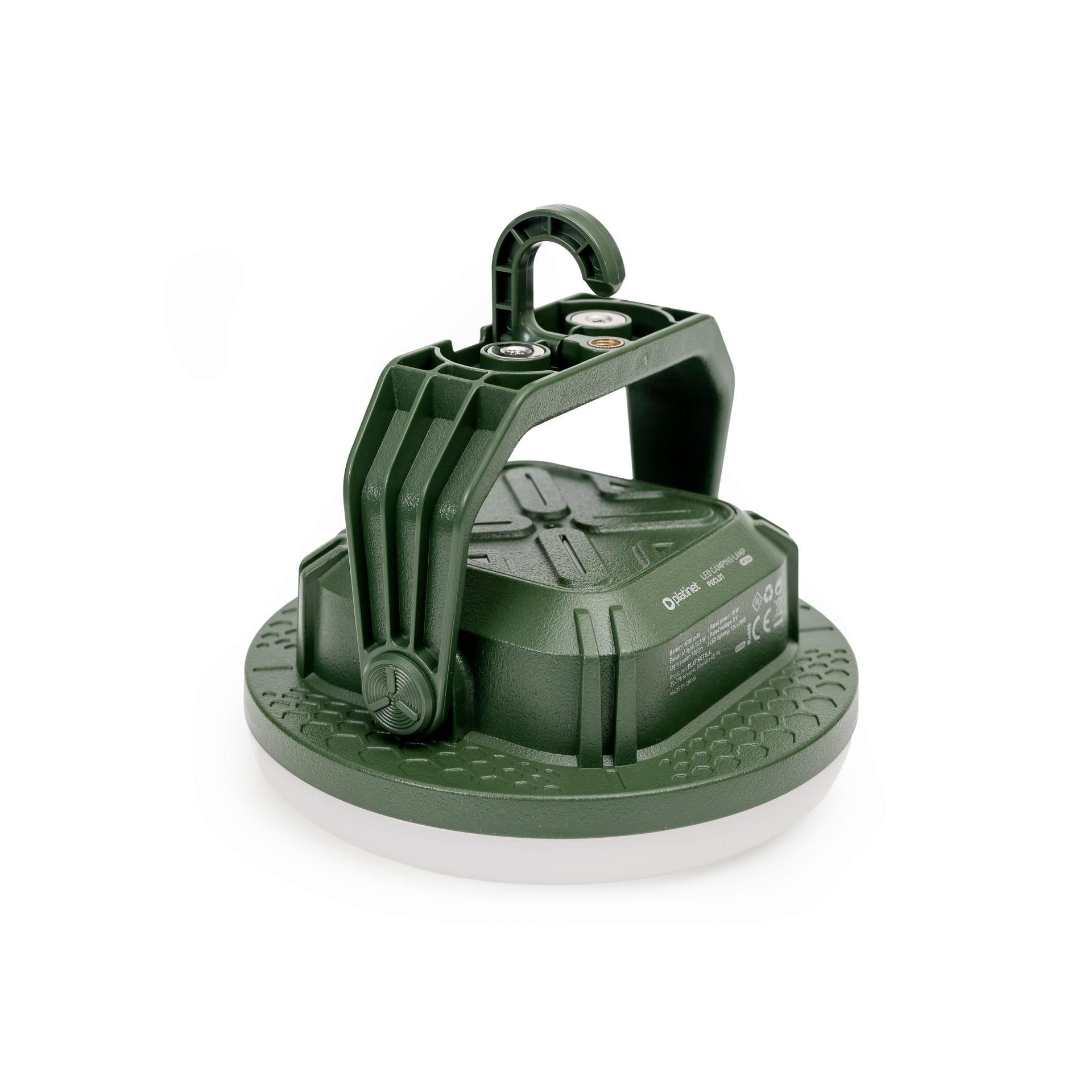 Eine grüne LED-Campinglampe mit integriertem Haken und flacher Basis auf weißem Hintergrund.