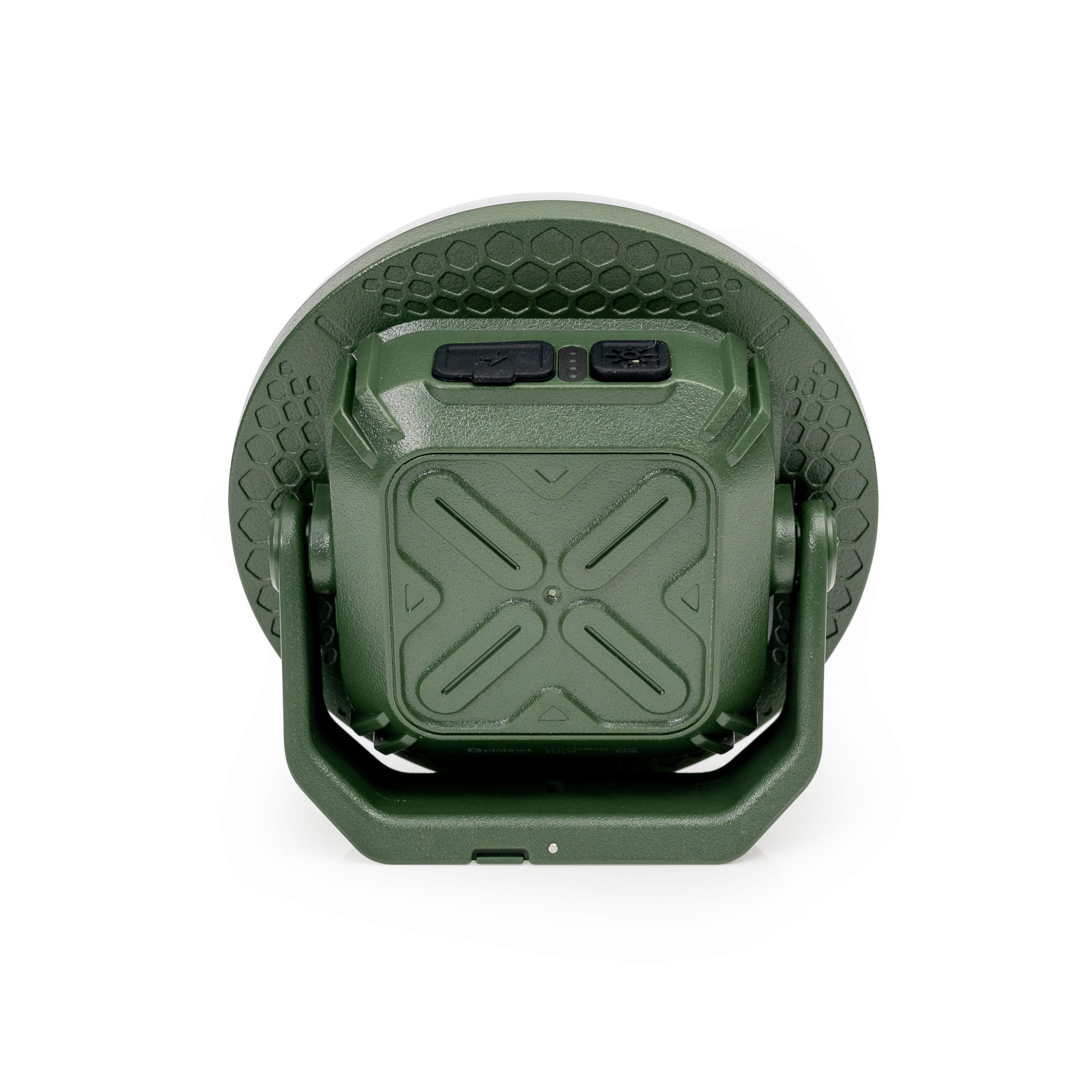 Eine grüne, runde LED-Campinglampe mit integriertem Ständer und strukturierter Rückseite vor weißem Hintergrund.