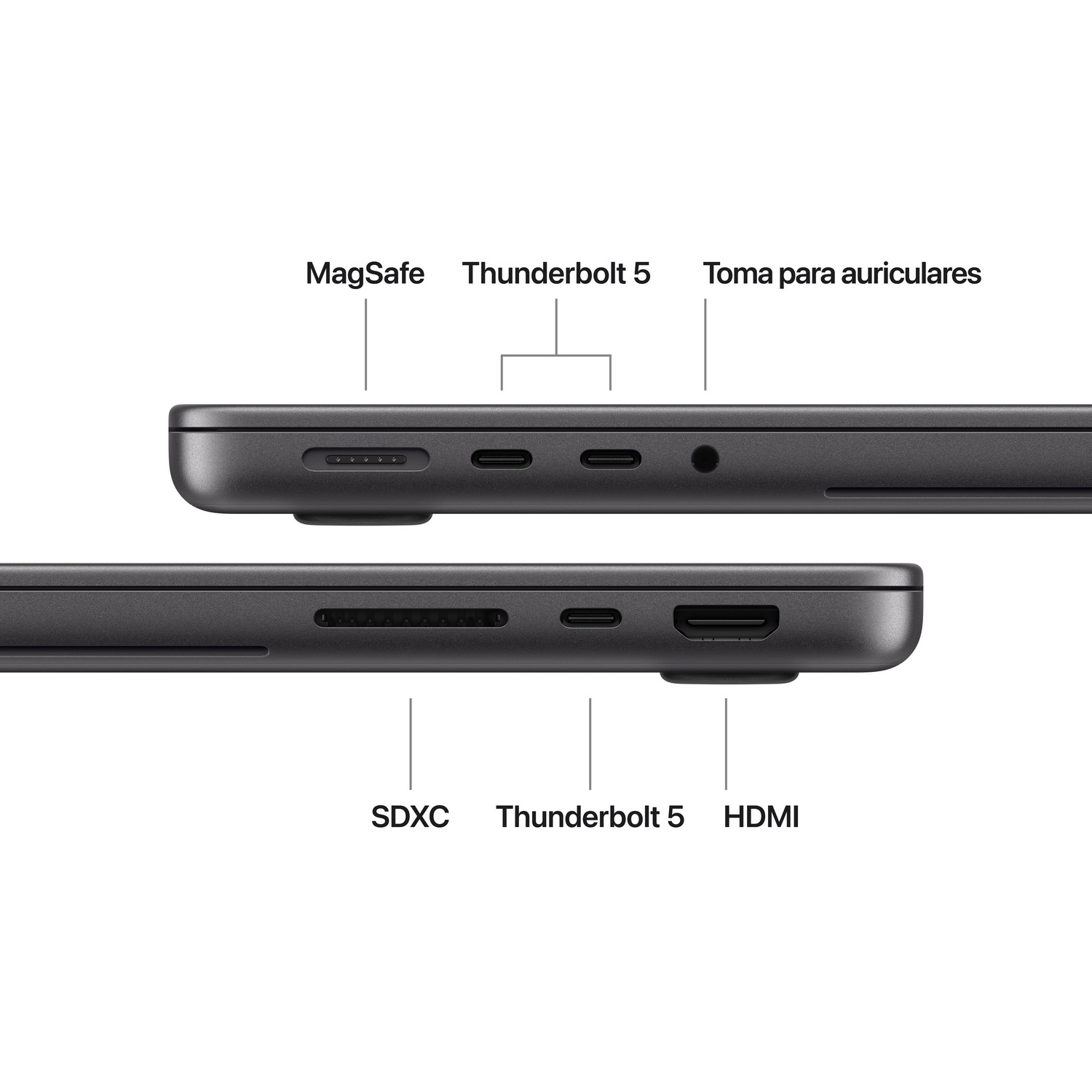 Vista lateral de una laptop que muestra los puertos MagSafe, Thunderbolt 5, conector de audífonos, SDXC y HDMI.