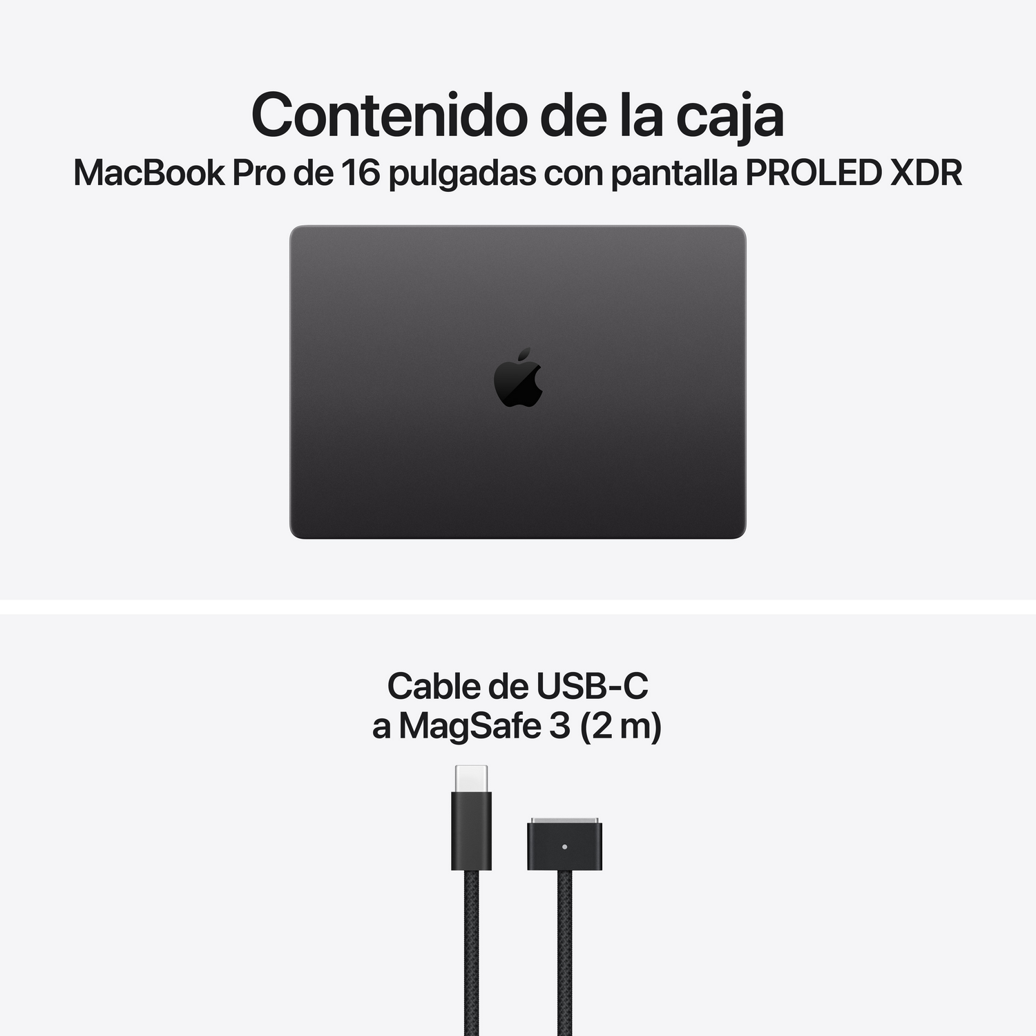 Contenido de la caja con un MacBook Pro y un cable USB-C a MagSafe 3.