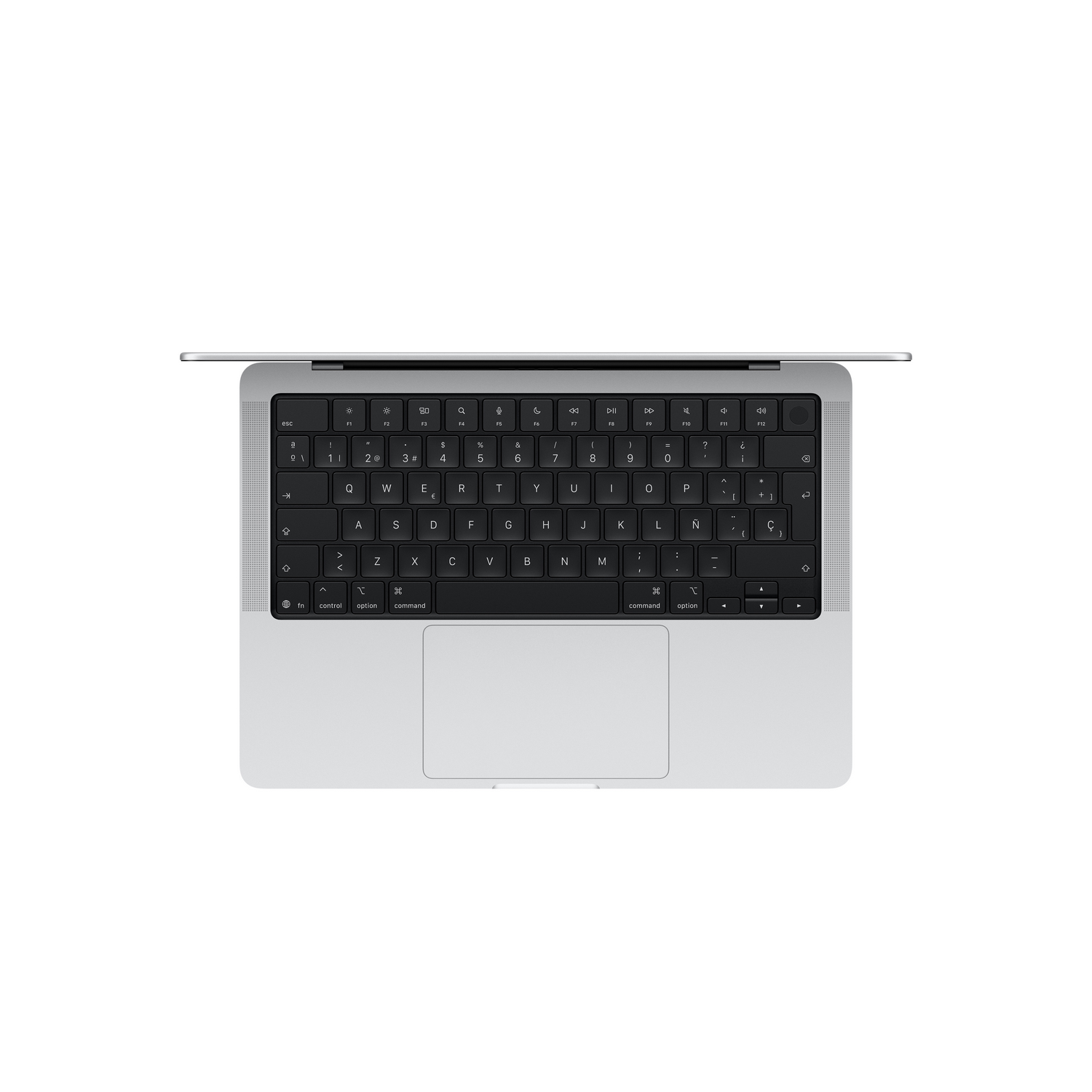 Vista superior de un teclado de portátil con diseño QWERTY negro y chasis plateado sobre fondo blanco.