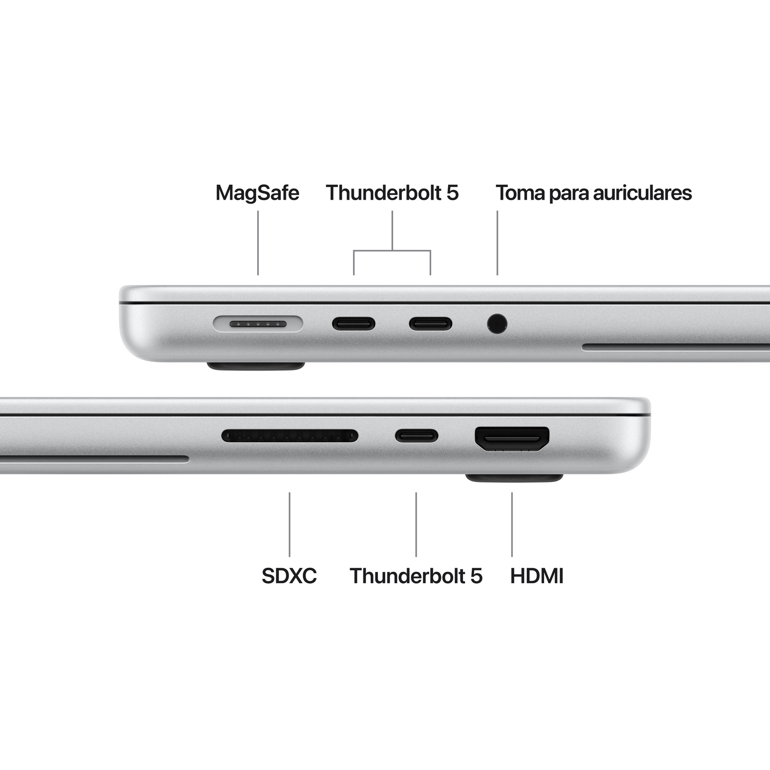 Vistas laterales de un portátil con puertos MagSafe, Thunderbolt 5, SDXC, HDMI y toma de auriculares.