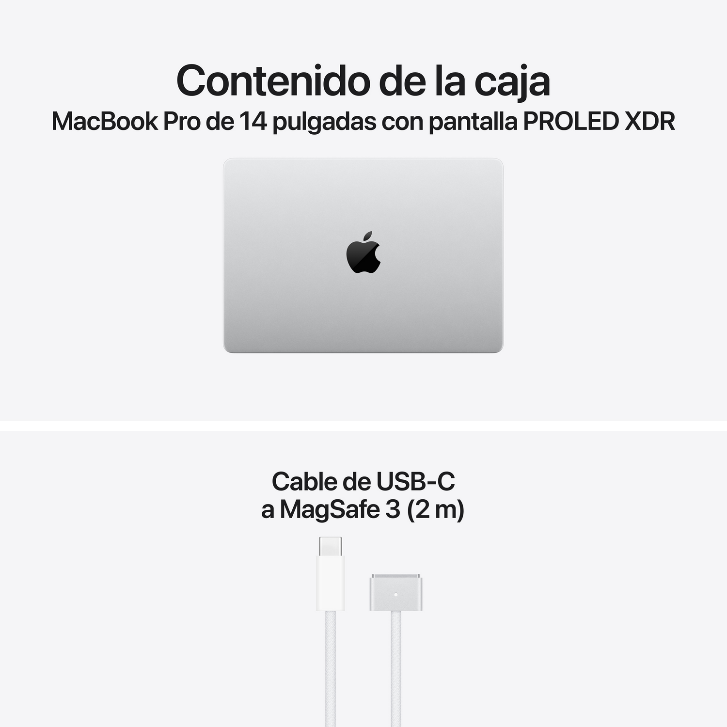 MacBook Pro en caja con pantalla de 14 pulgadas, cable USB-C a MagSafe 3.