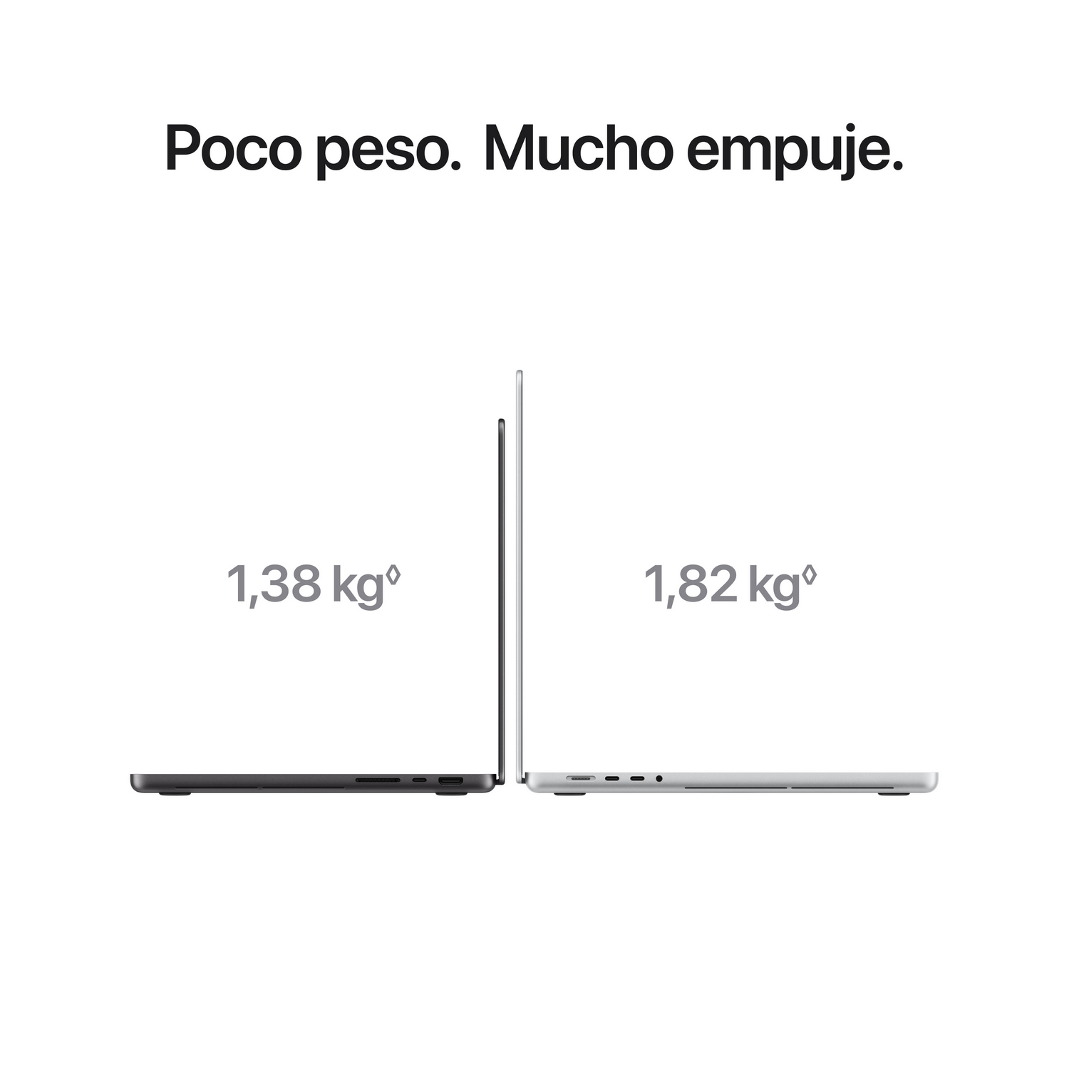 Dos portátiles de pie uno al lado del otro mostrando pesos de 1,38 kg y 1,82 kg sobre fondo blanco.