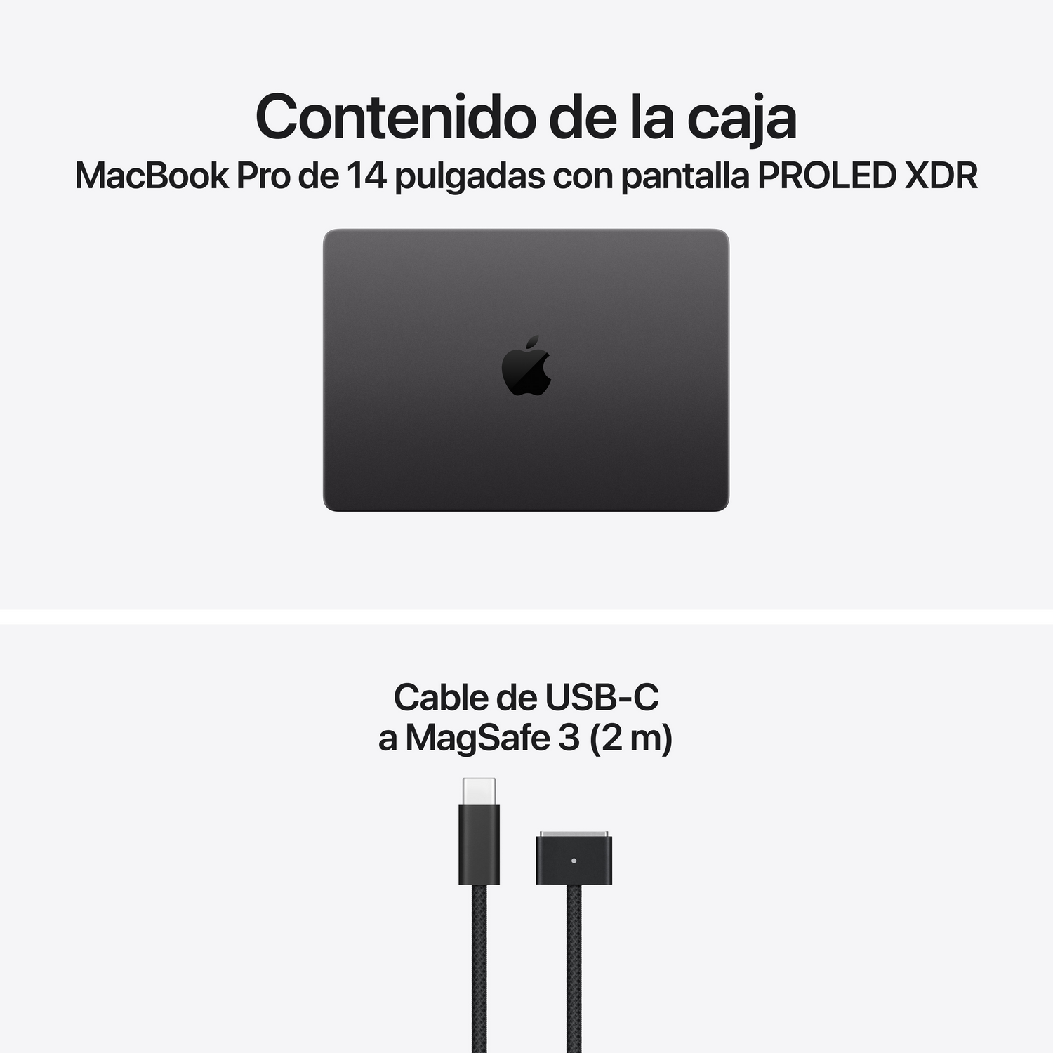 Contenido de la caja con un MacBook Pro y un cable de USB-C a MagSafe 3.