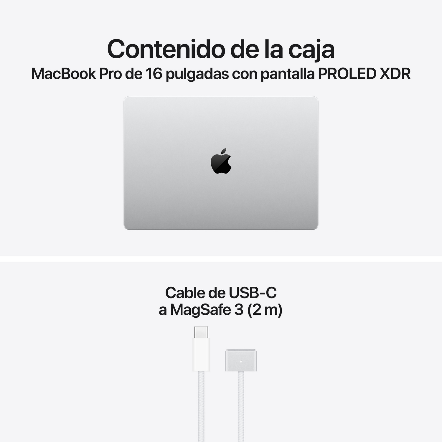 MacBook Pro en caja con cable USB-C a MagSafe 3 en texto en español.