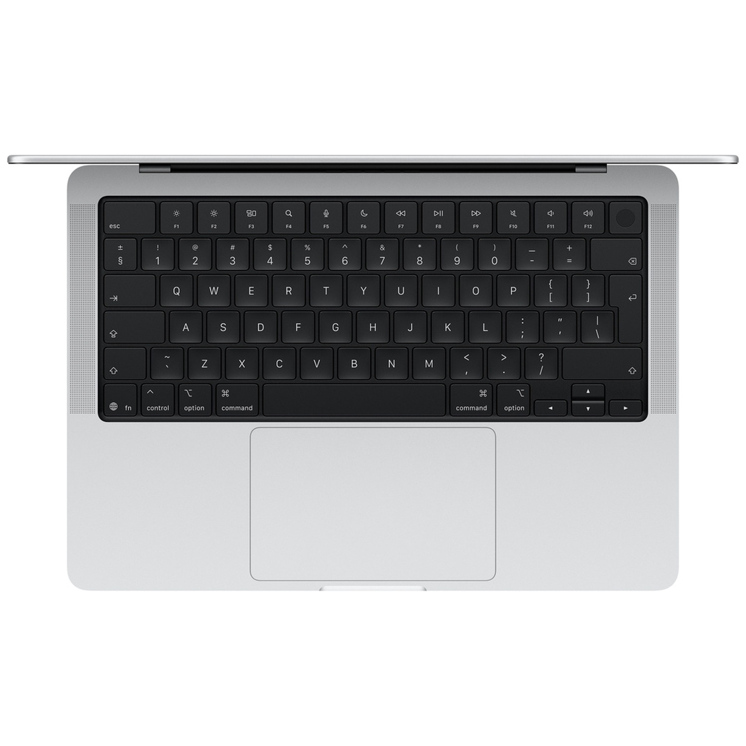 Bovenaanzicht van een zilverkleurig laptoptoetsenbord en trackpad.