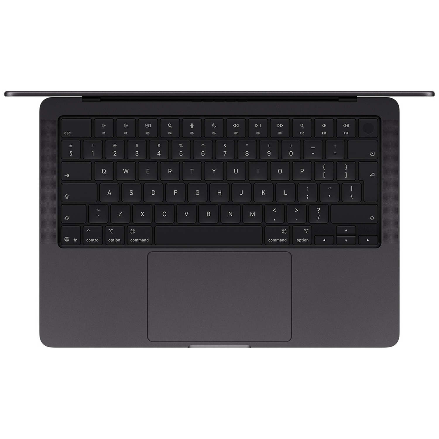 Bovenaanzicht van het donkere toetsenbord en trackpad van een laptop tegen een neutrale achtergrond.