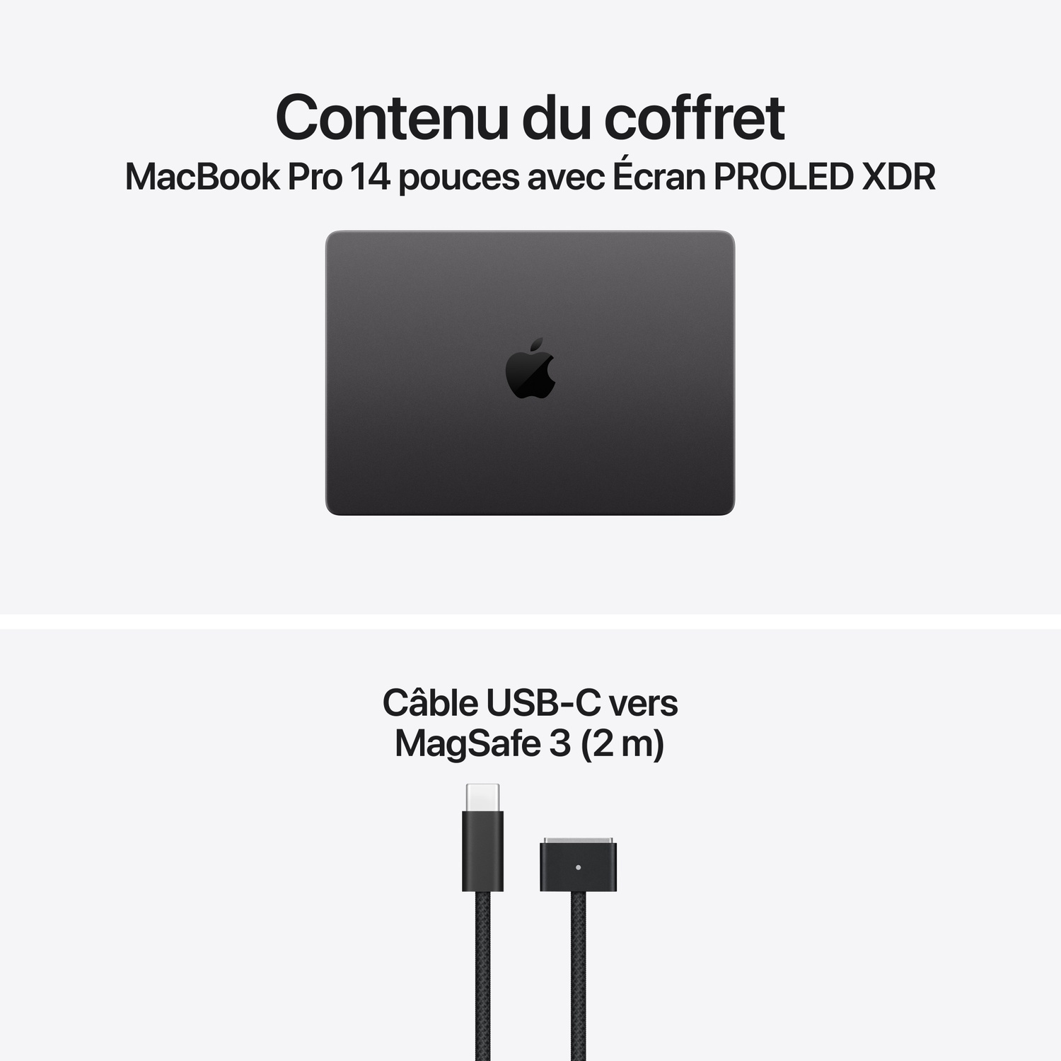 Contenu du coffret avec un MacBook Pro 14 et un câble USB-C vers MagSafe 3.