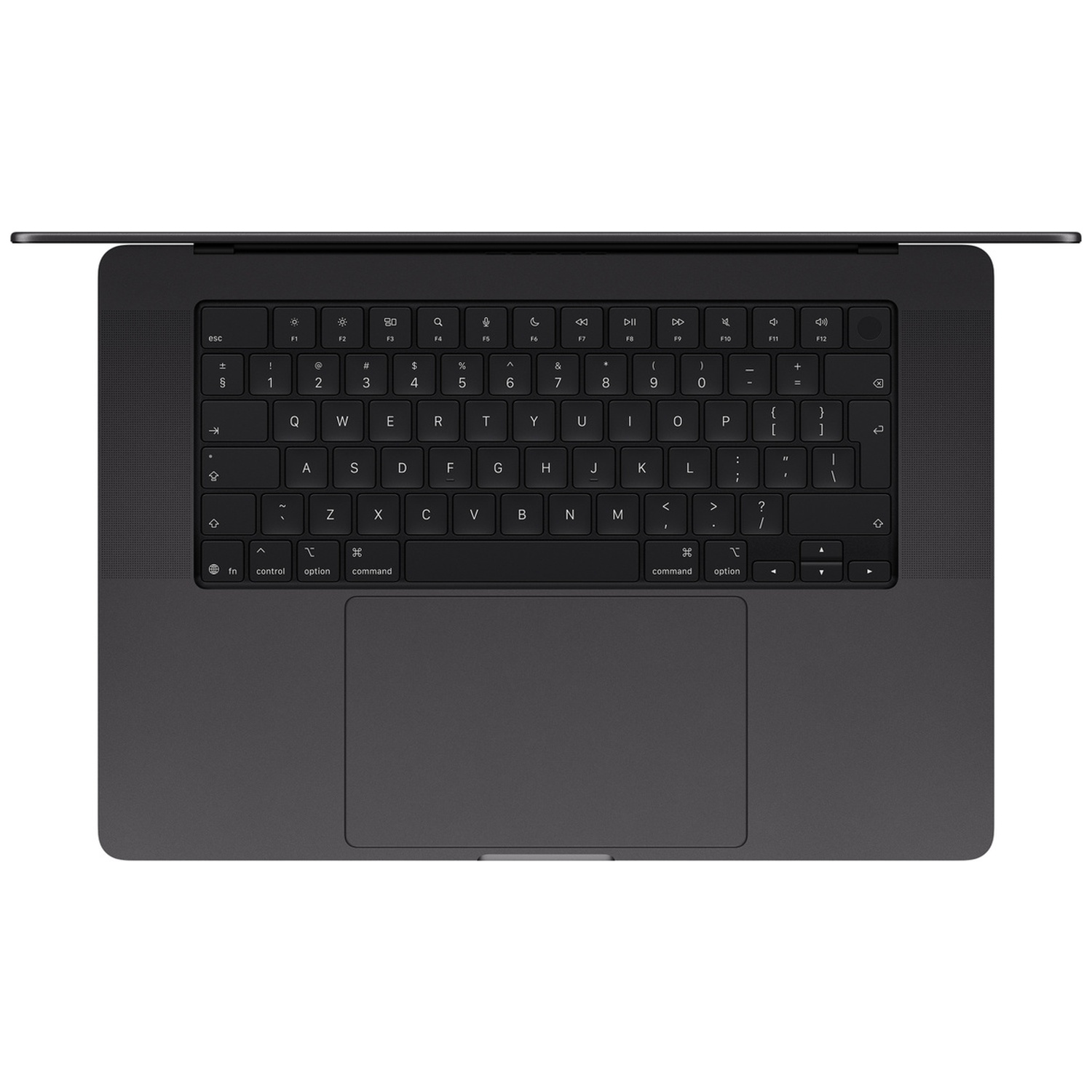 Bovenaanzicht van een donkergrijze laptoptoetsenbord en trackpad tegen een egale achtergrond.