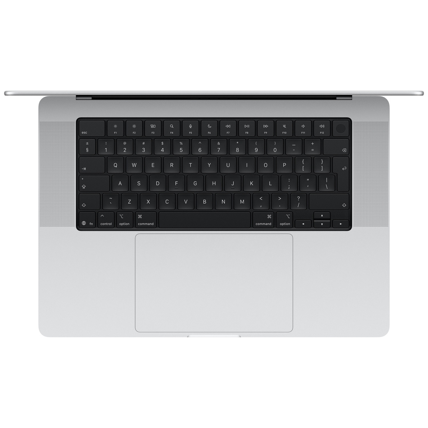 Bovenaanzicht van een zilveren laptoptoetsenbord met zwarte QWERTY-indeling en geïntegreerd touchpad.